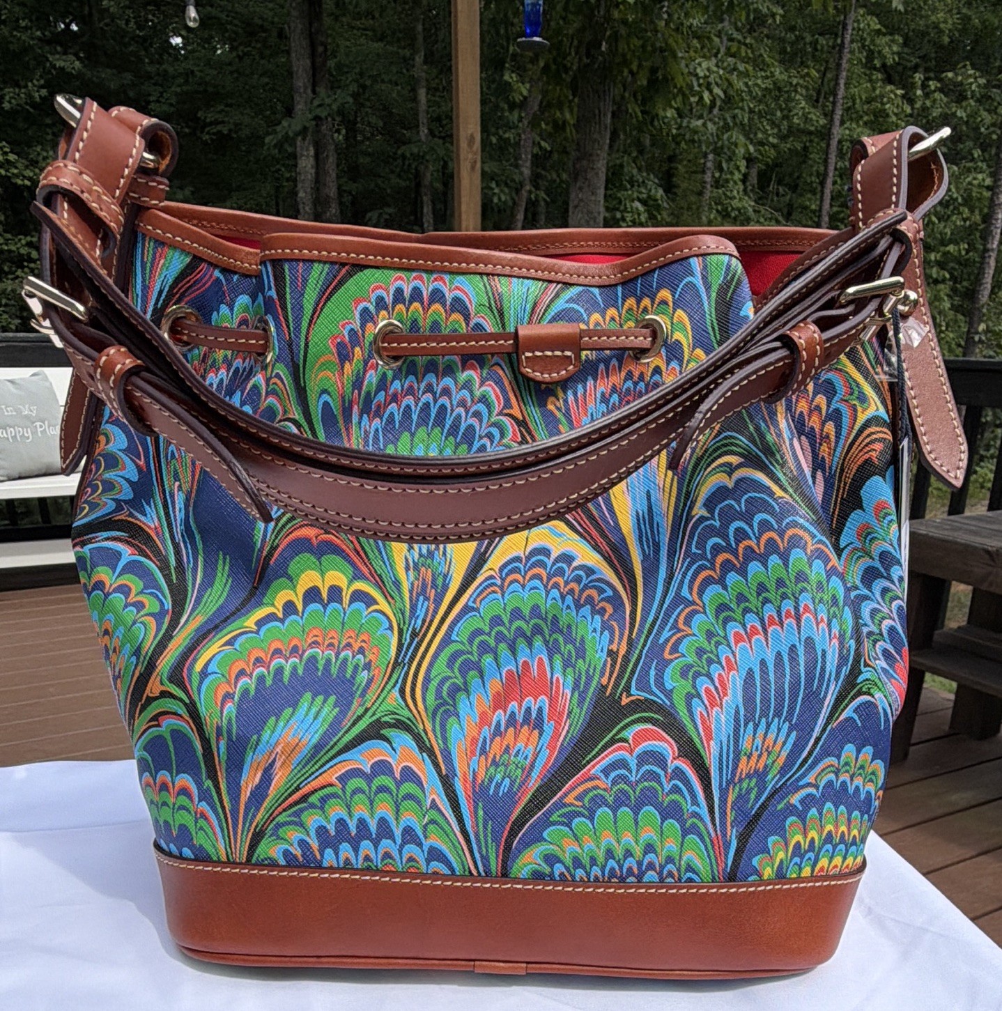 Dooney & Bourke Floral Multicolor Bucket Drawstring Lined Gold Detachable Strap