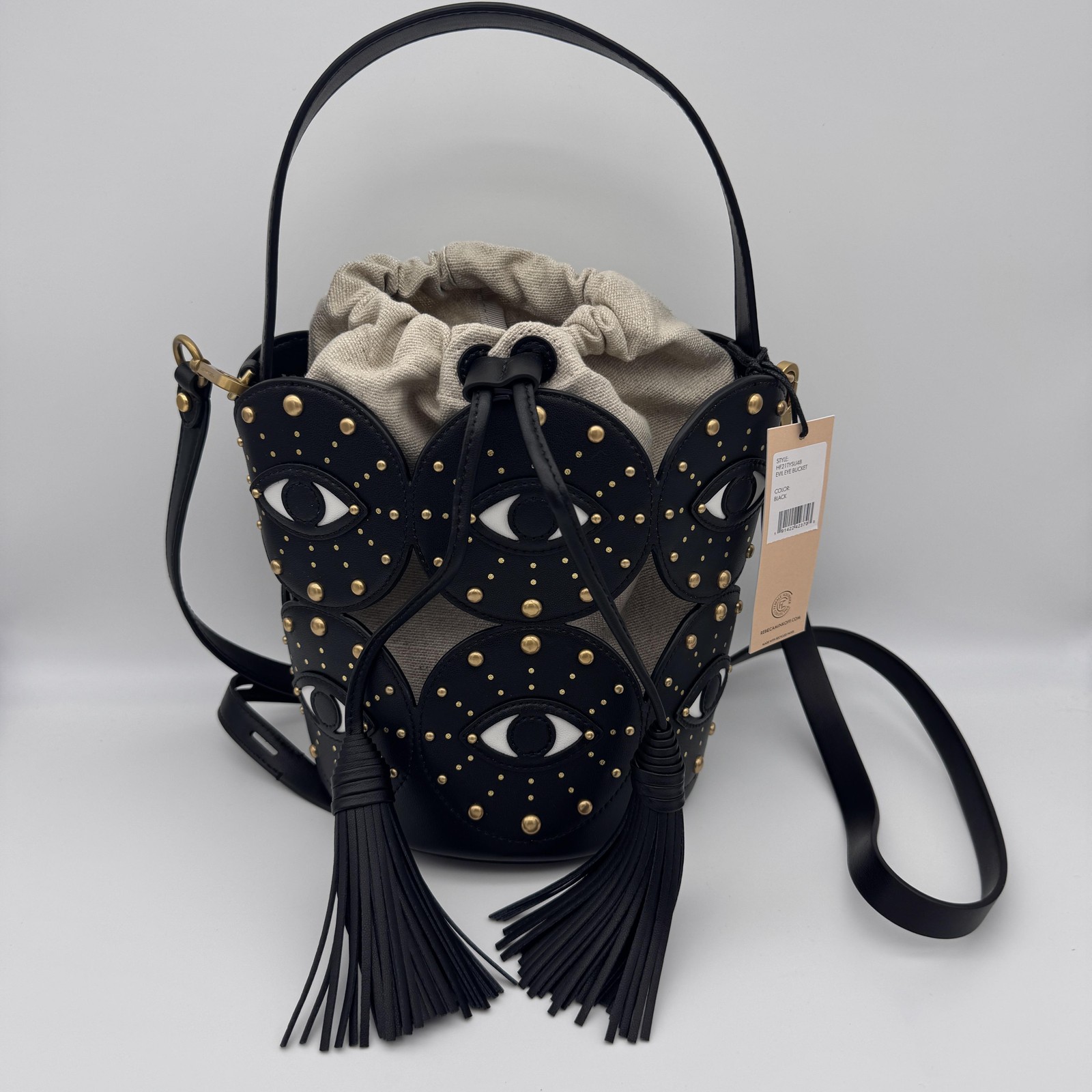 Rebecca Minkoff Evil Eye Bucket Bag Studded Leather Canvas Crossbody Black NEW