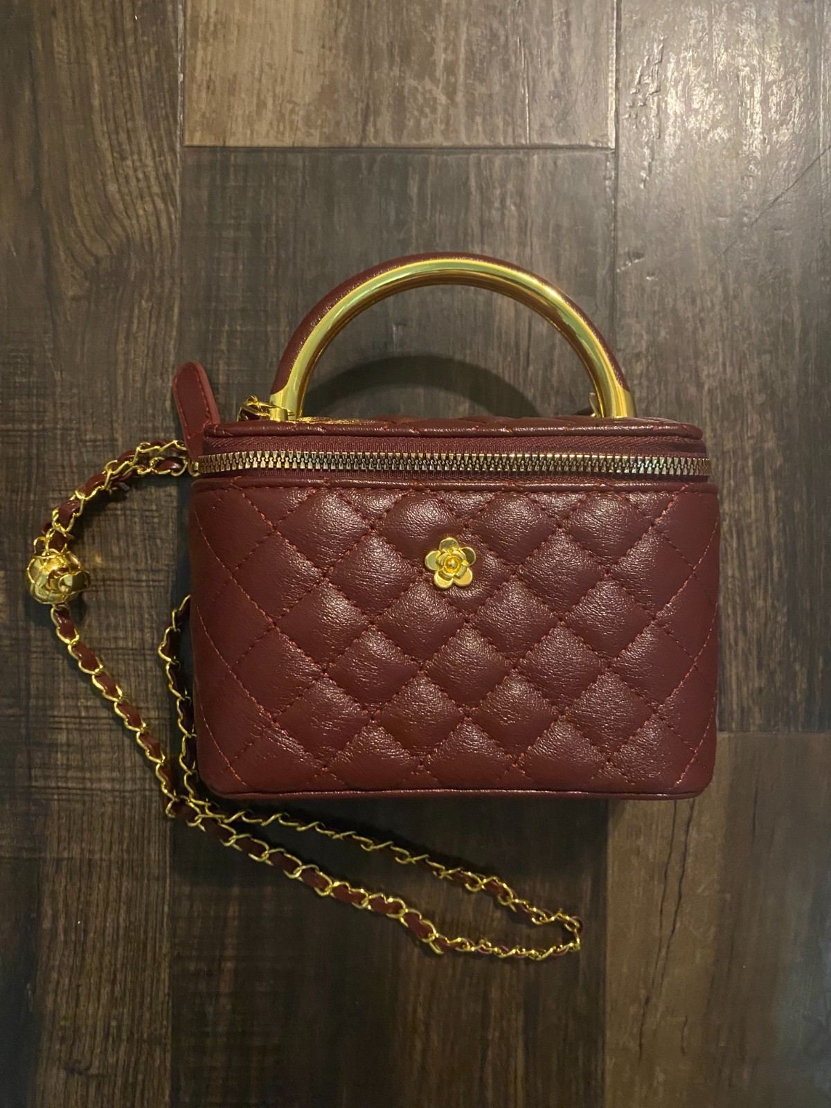 New Mini Burgundy Quilted Box Bag – Purse Handbag w/Gold Zipper & Accents