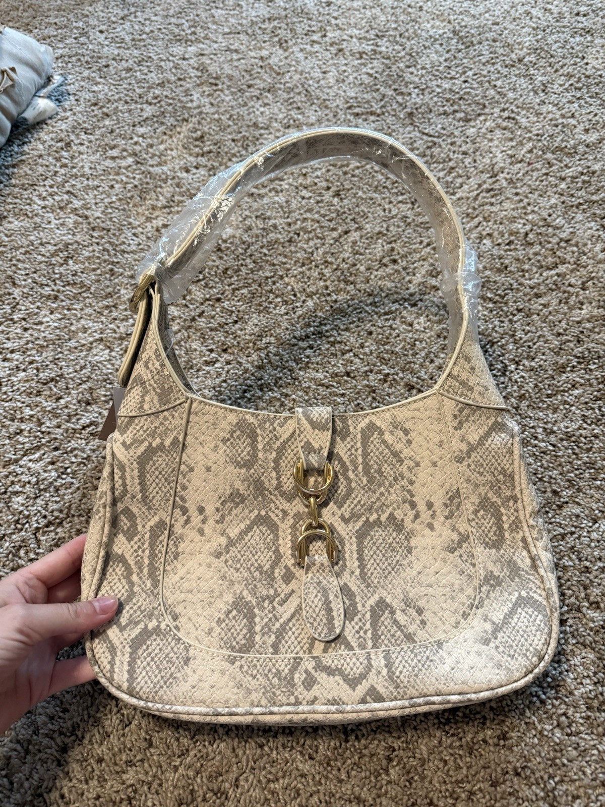 JustFab Beige Snake Print Shoulder Bag Zip Closure Buckle Accent Gold Hardware
