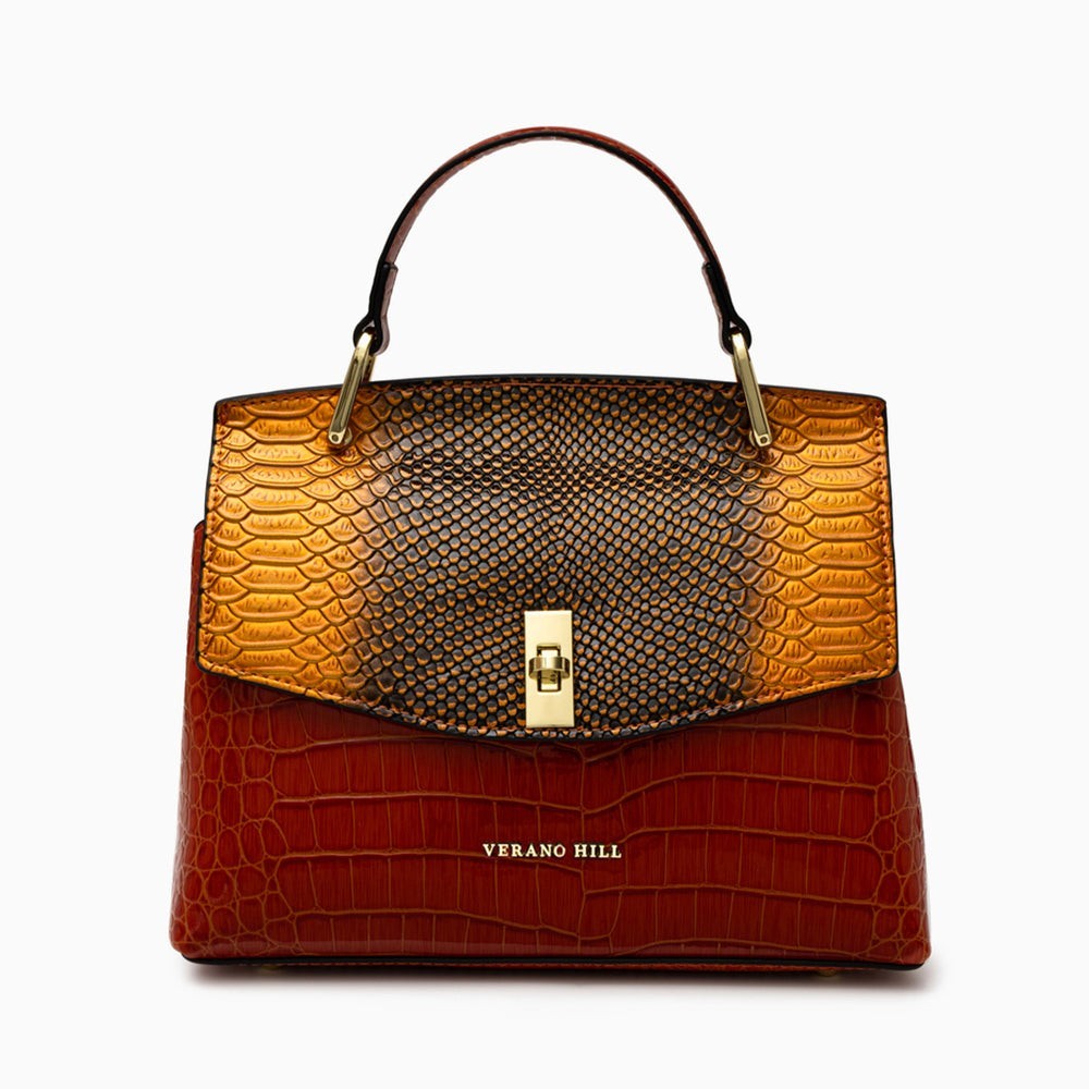 VERANO HILL Red & Gold Metallic Crocodile Satchel Top Handle Bag w Gold Hardware