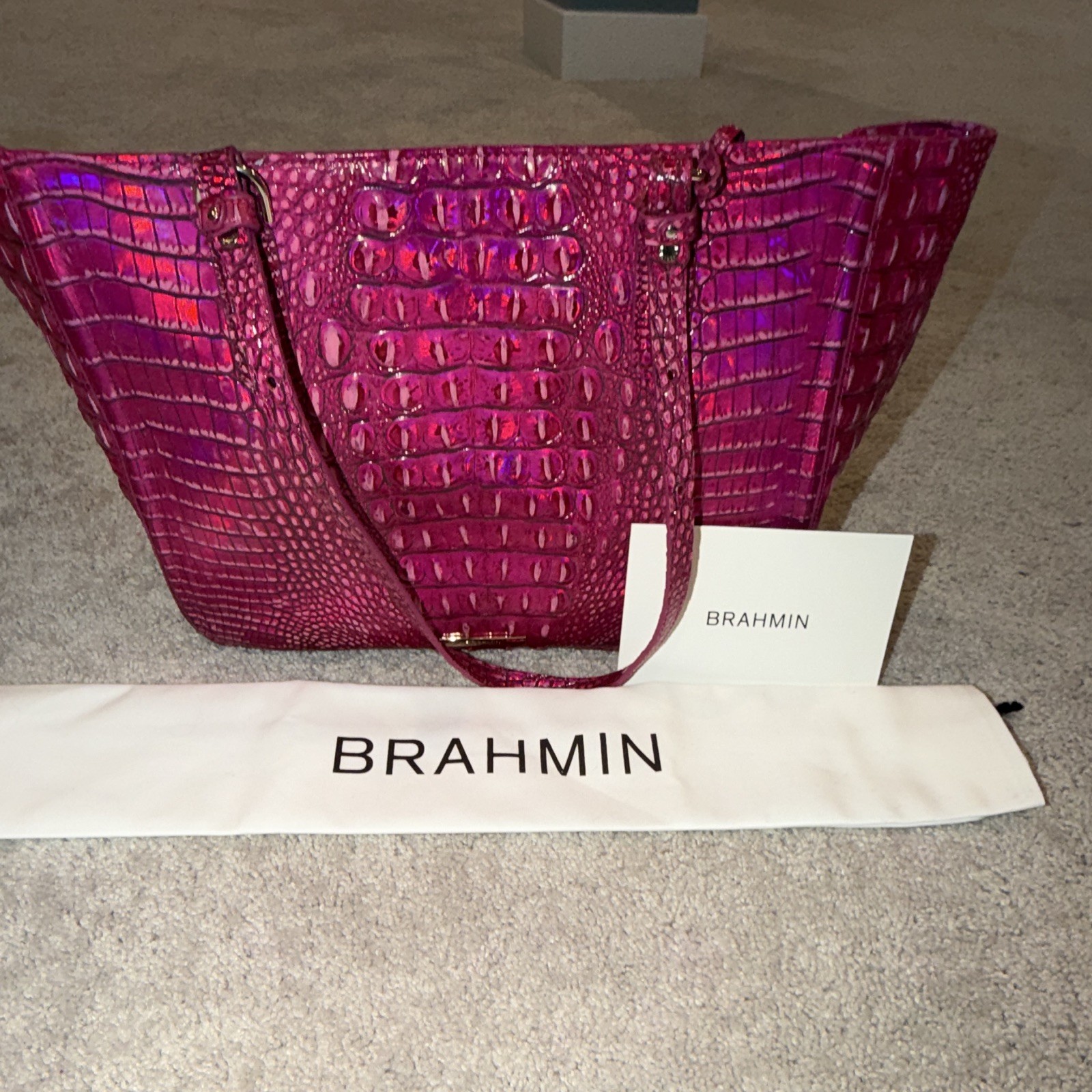 Brahmin Embossed Zip Tote Pink Gold Hardware Inner Pockets Key Clip Dust Bag
