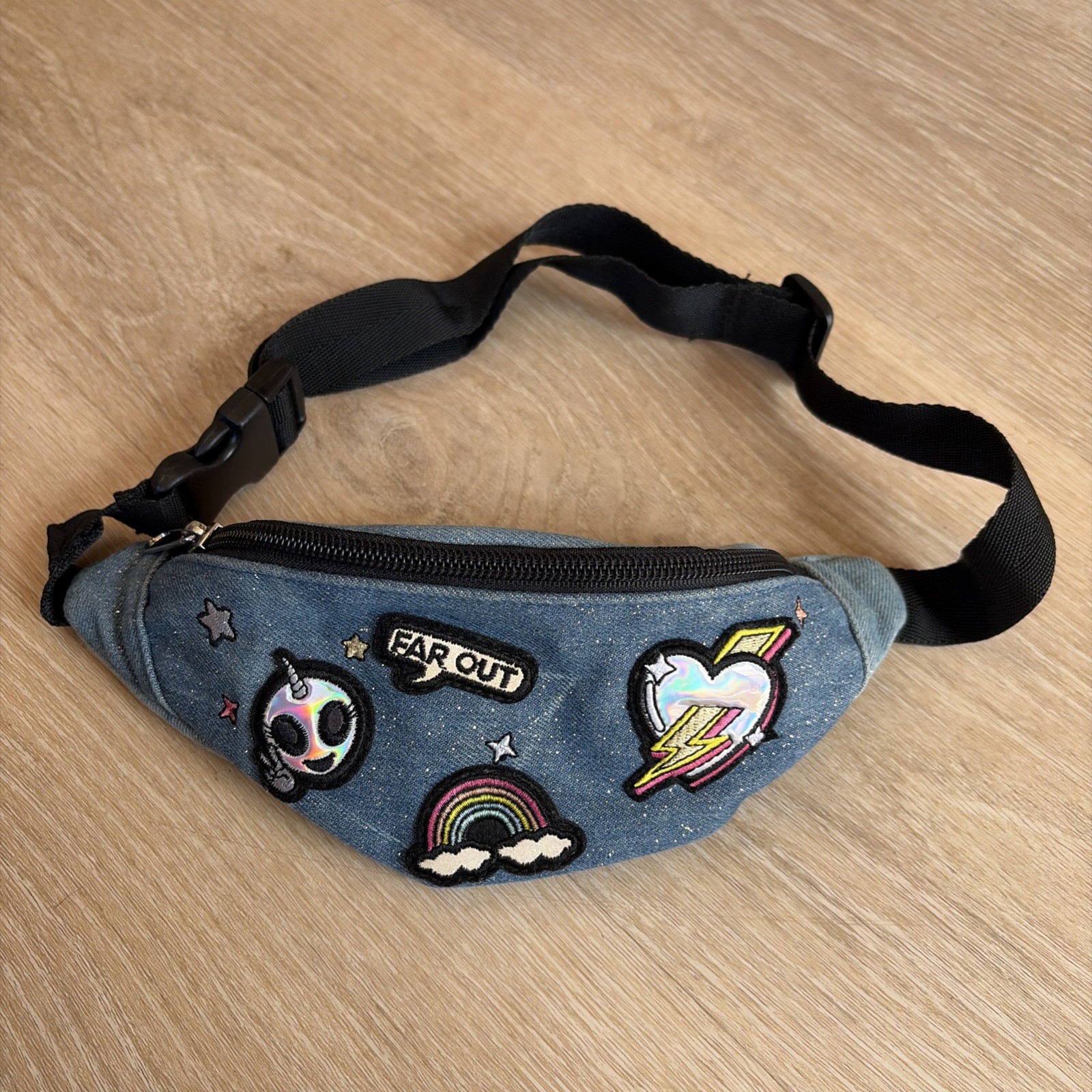 Y2K Denim Fanny Pack Alien Rainbow Waist Bag Festival Kawaii Belt Bag Patches