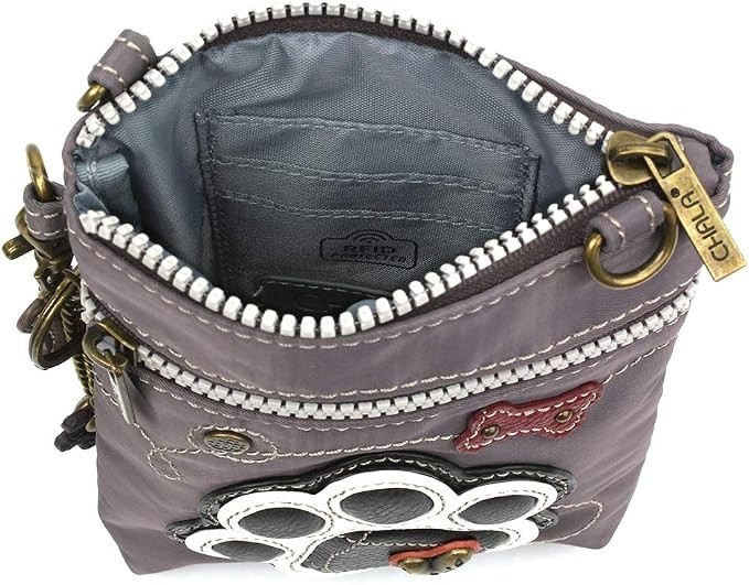 Chala Venture Nylon and Faux Leather RFID Crossbody Purse – Pawprint, Gray NWT