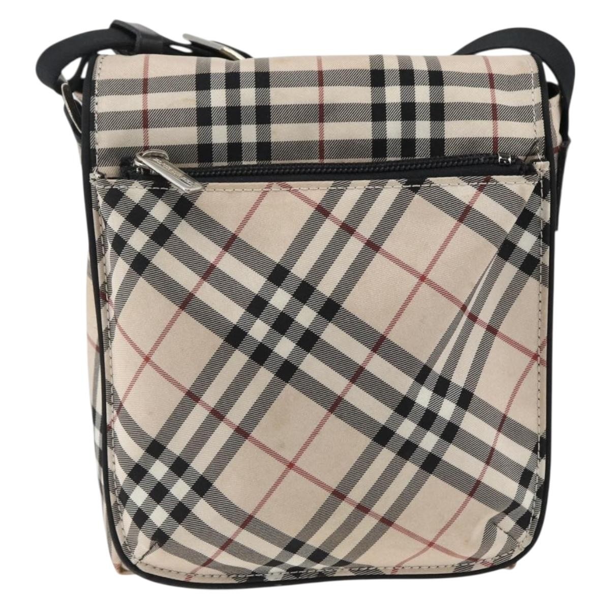 BURBERRY Nova Check Blue Label Shoulder Bag Nylon Beige Silver Auth 173694
