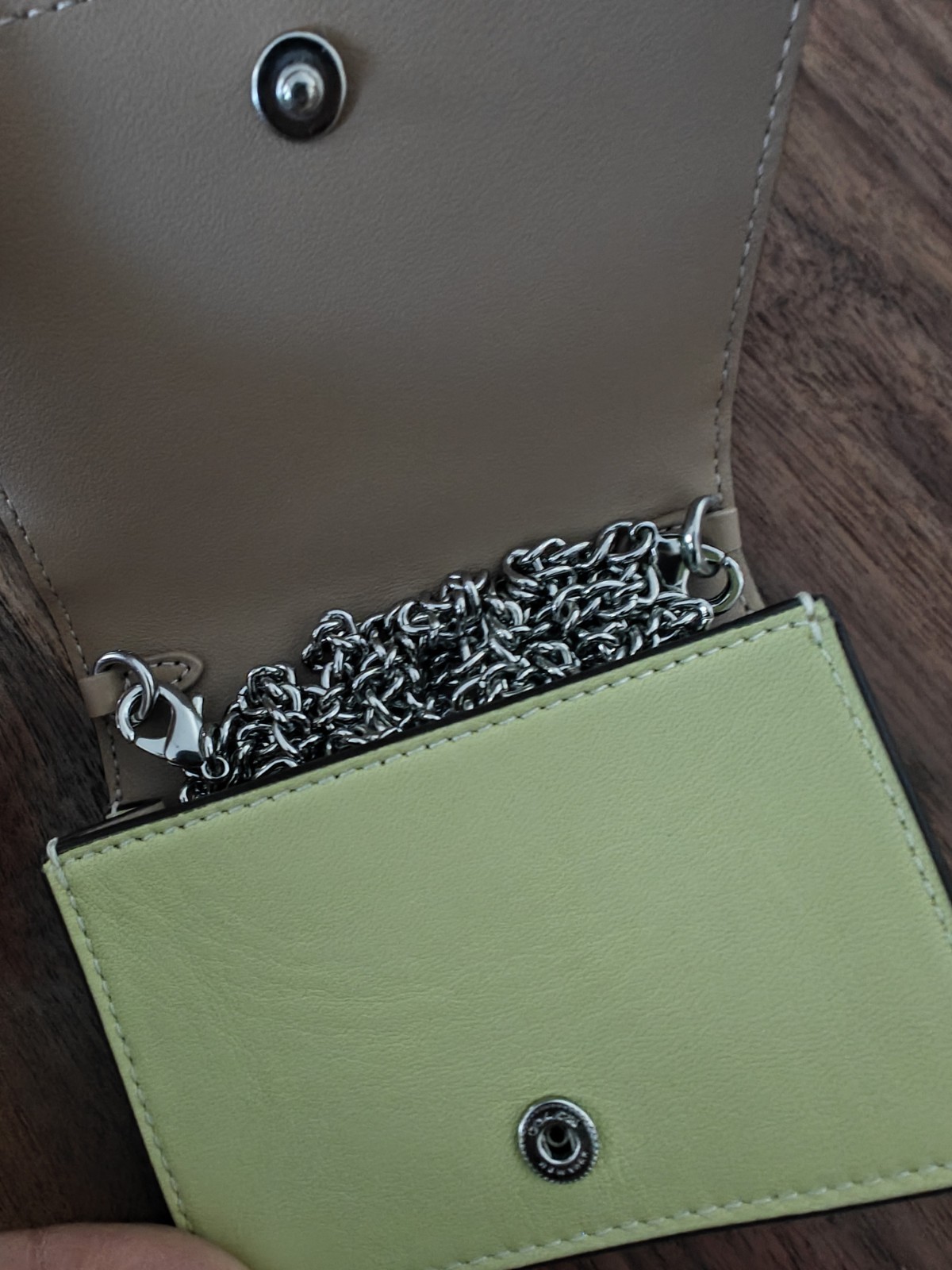 Coach Mini Wallet on a Chain – Style CJ528 Pale Lime with Silver Hardware