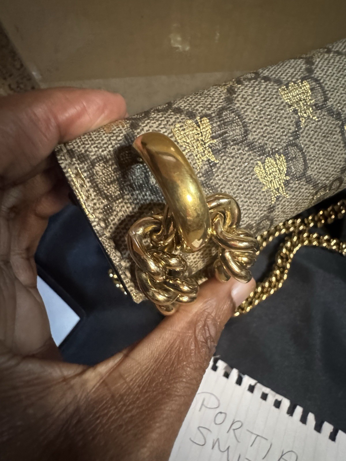 Gucci GG Monogram Shoulder Bag Gold Chain Strap Push Lock Gold Hardware