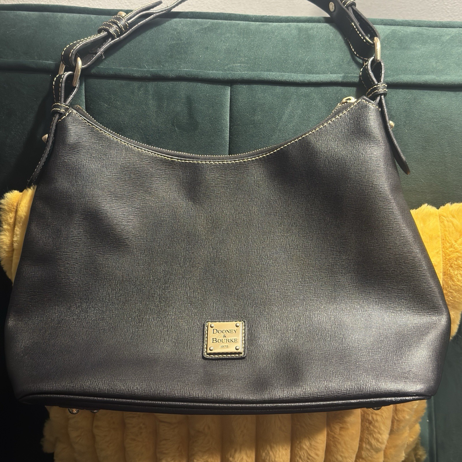 Dooney & Bourke Black Leather Shoulder Bag w/ Logo Plaque and Dust Bag