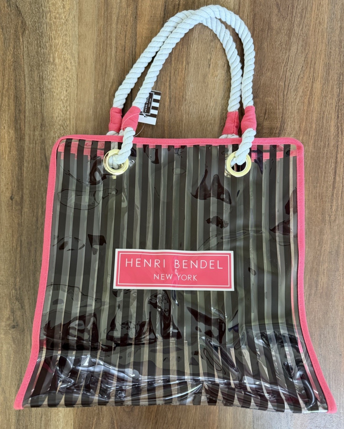NWT Henri Bendel Clear PVC Tote Bag Brown White Stripe Rope Handle Beach Summer