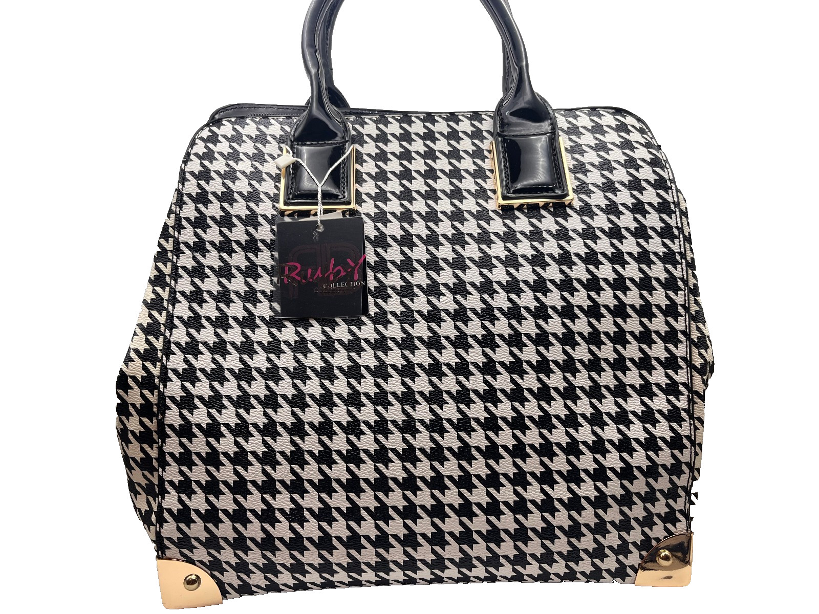 Ruby Collection Houndstooth Satchel Black White Bowler Handbag Gold Trim USA NWT