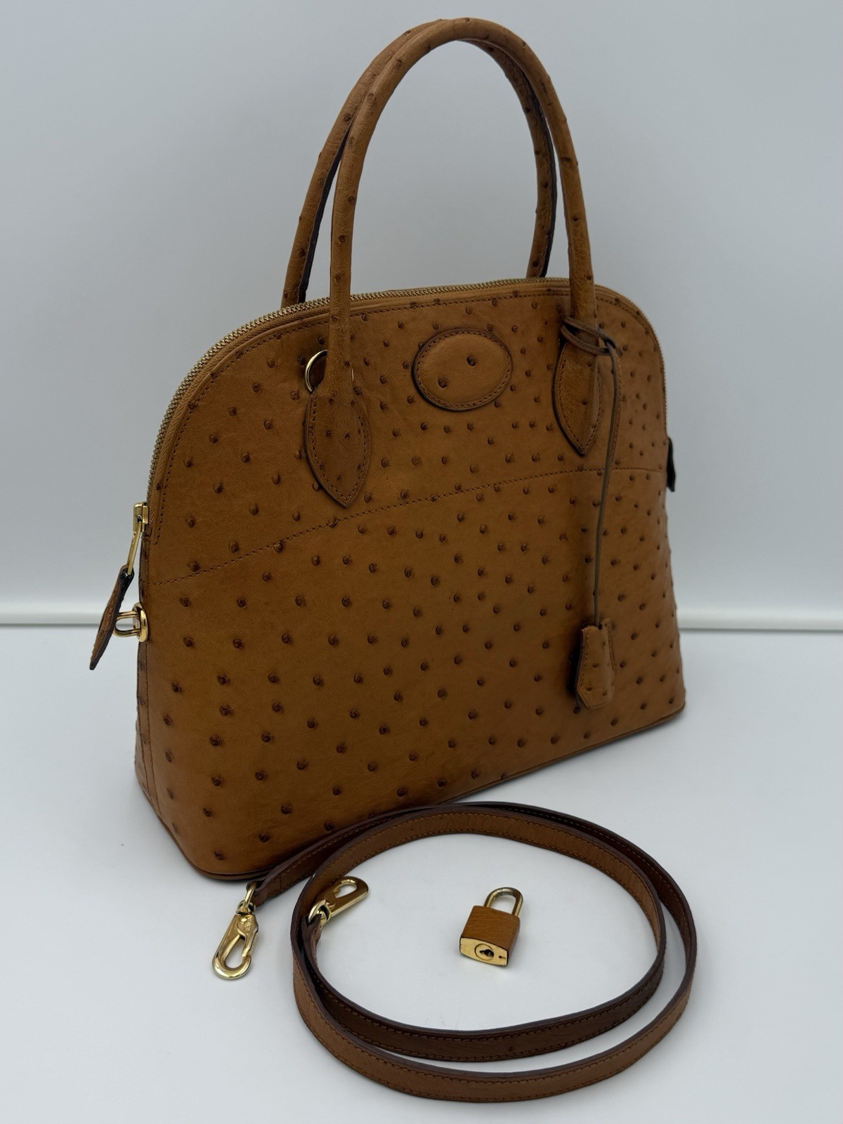 🇫🇷michel adolphe PARIS Unisex Brown Exotic OSTRICH BUGATTI 31 Bag •Made FRANCE