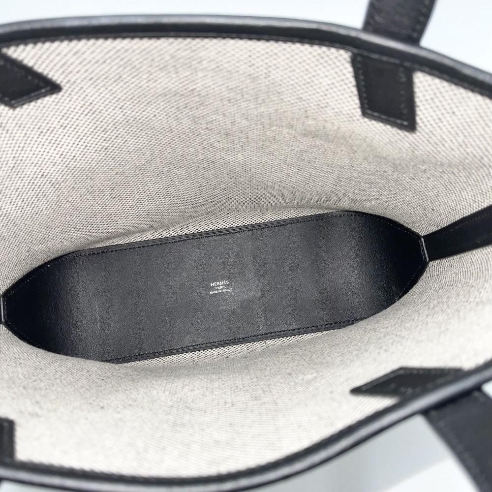 Hermes Shoulder Bag H en Biais 27 Handbag Beige Black Canvas Leather Z Stamp 99