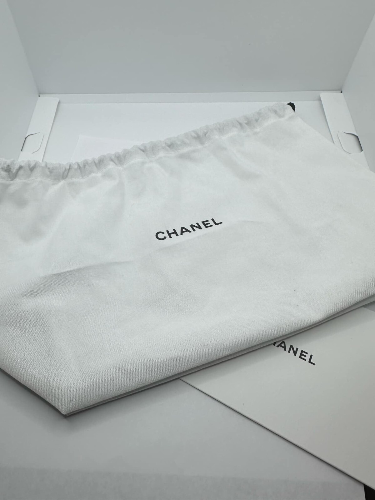 2 Chanel Drawstring White Cotton Pouch + Envelope + Note Card Travel Cosmetic