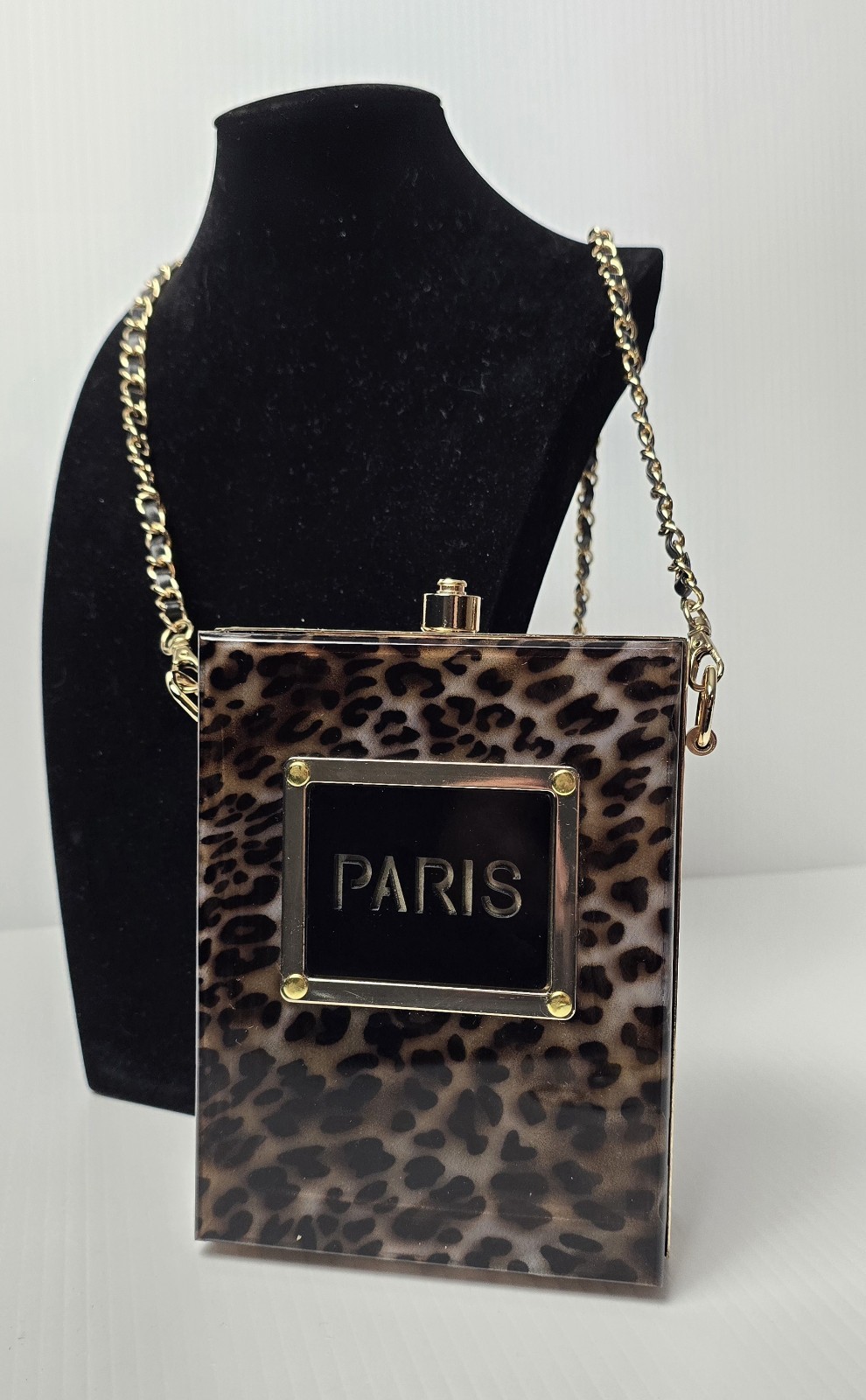Vintage Style Acrylic Box Purse – Leopard Tortoise Hard Case Clutch – “PARIS”