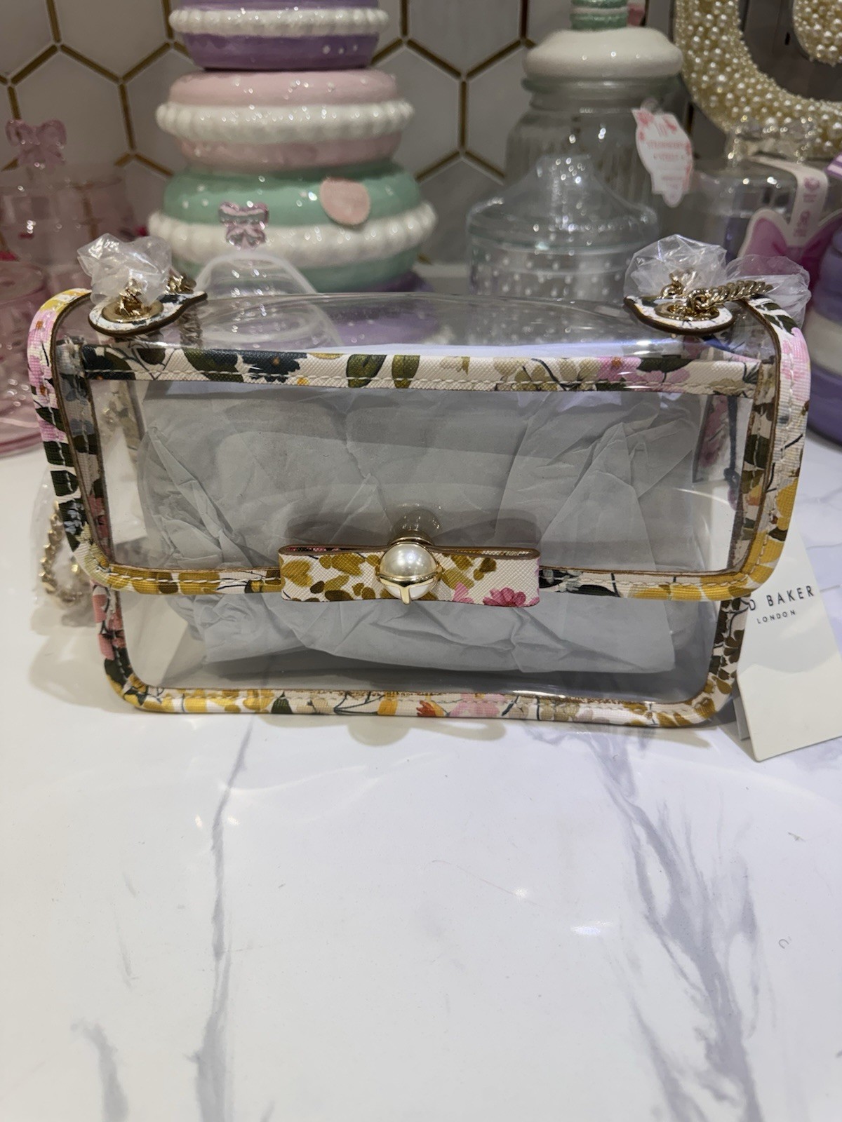 Ted Baker Clear Floral Small Shoulder Bag, Gold Chain Strap, Clasp Closure