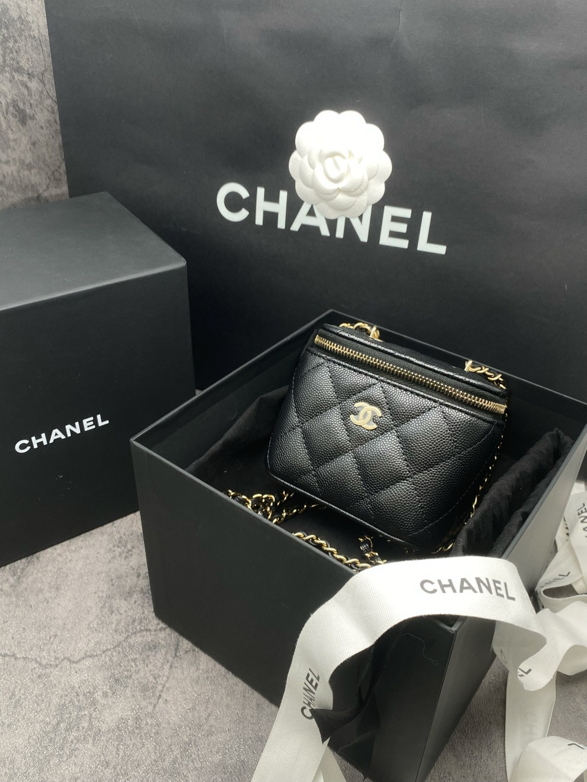 Chanel 23C Vanity Case w/mirror Black Caviar Leather Gold HW Chain [Duties Paid]