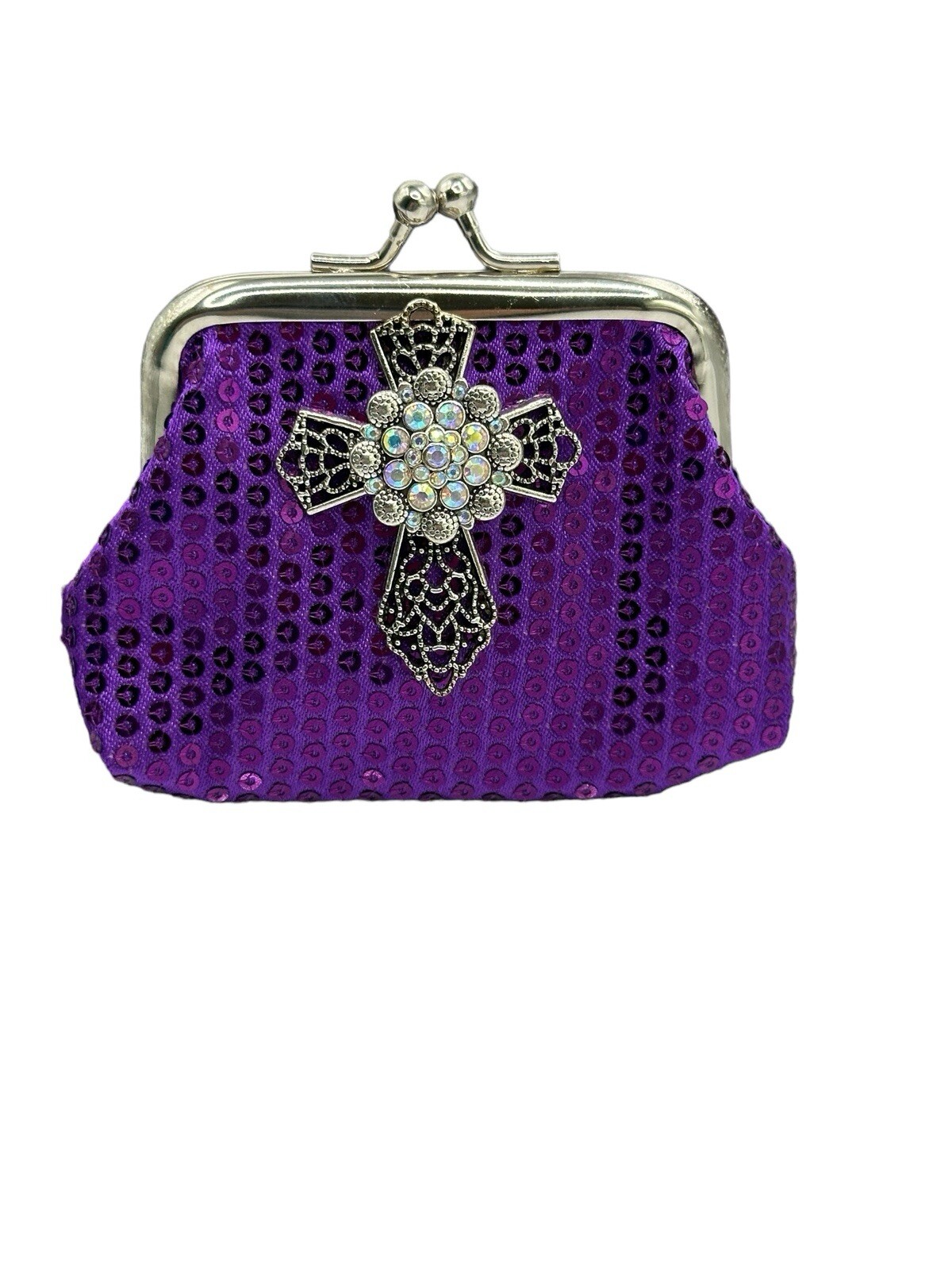 Purple Sequin Coin Micro Purse w/ Silver Cross & 18mm Sparkling Ginger Snap NWT