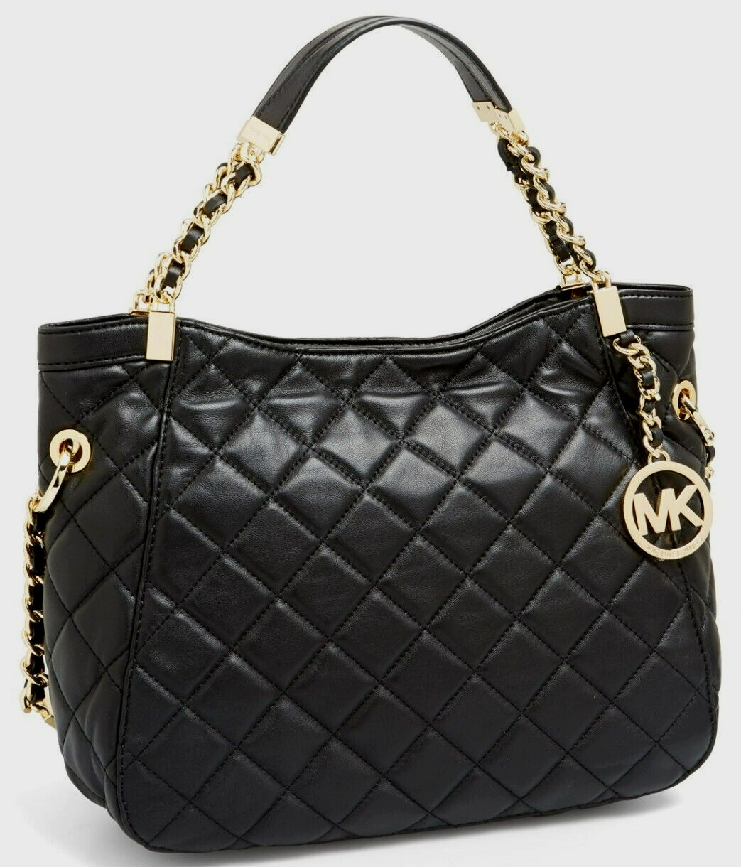 🌞MICHAEL KORS SUSANNAH BLACK QUILT LEATHER GOLD LOGO MEDIUM SHOULDER BAG🌺NWT!
