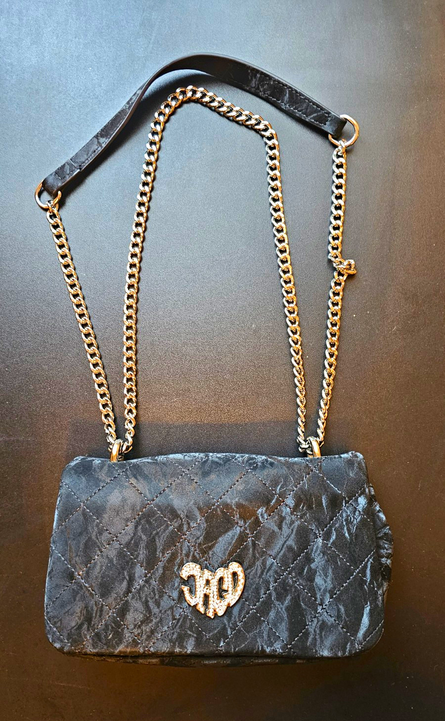 JACD Black Quilted Velvet Shoulder Bag Chain Strap Detachable Strap Magnetic