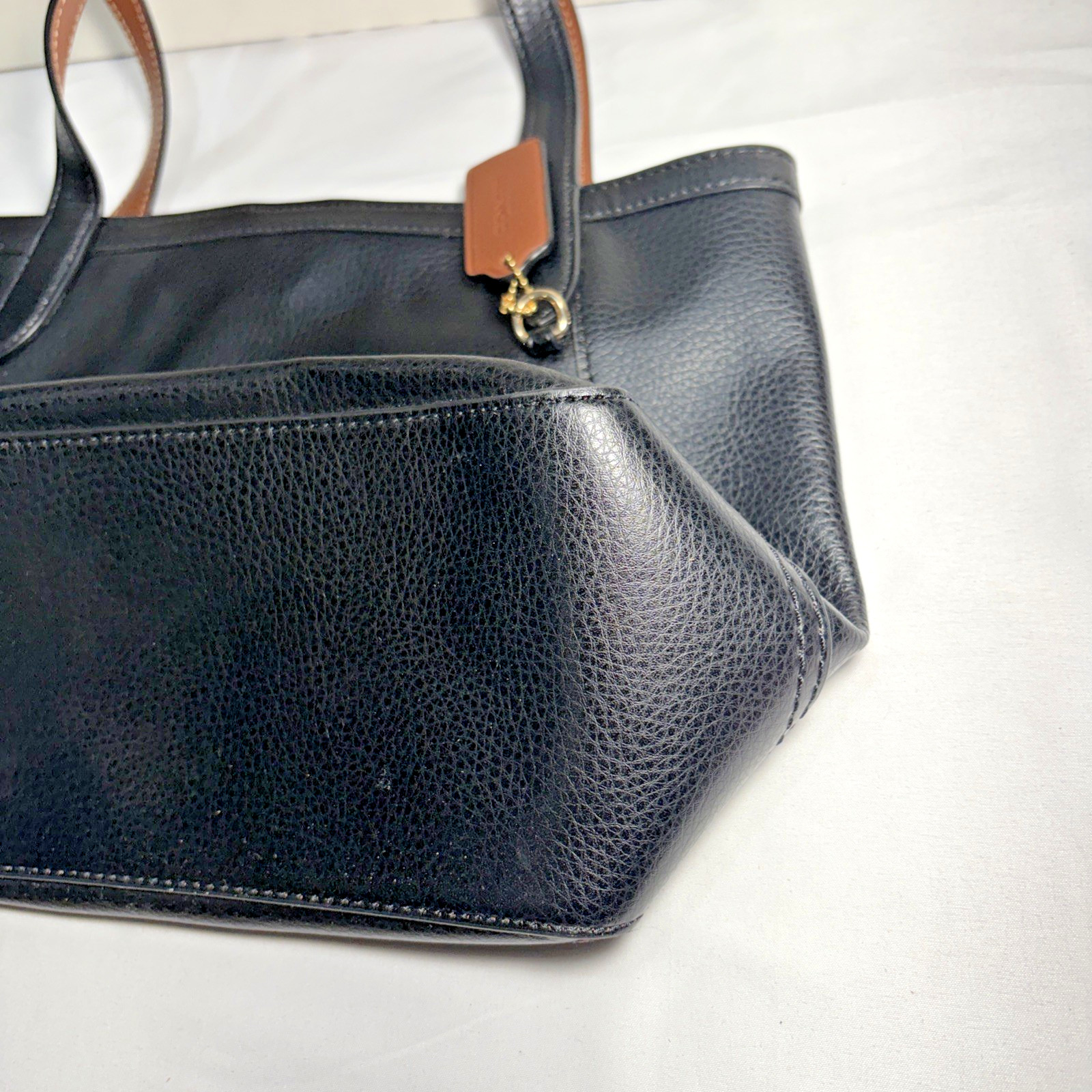COACH Embossed Horse and Carriage Tote Bag Black Leather Red Interior Brown Trim