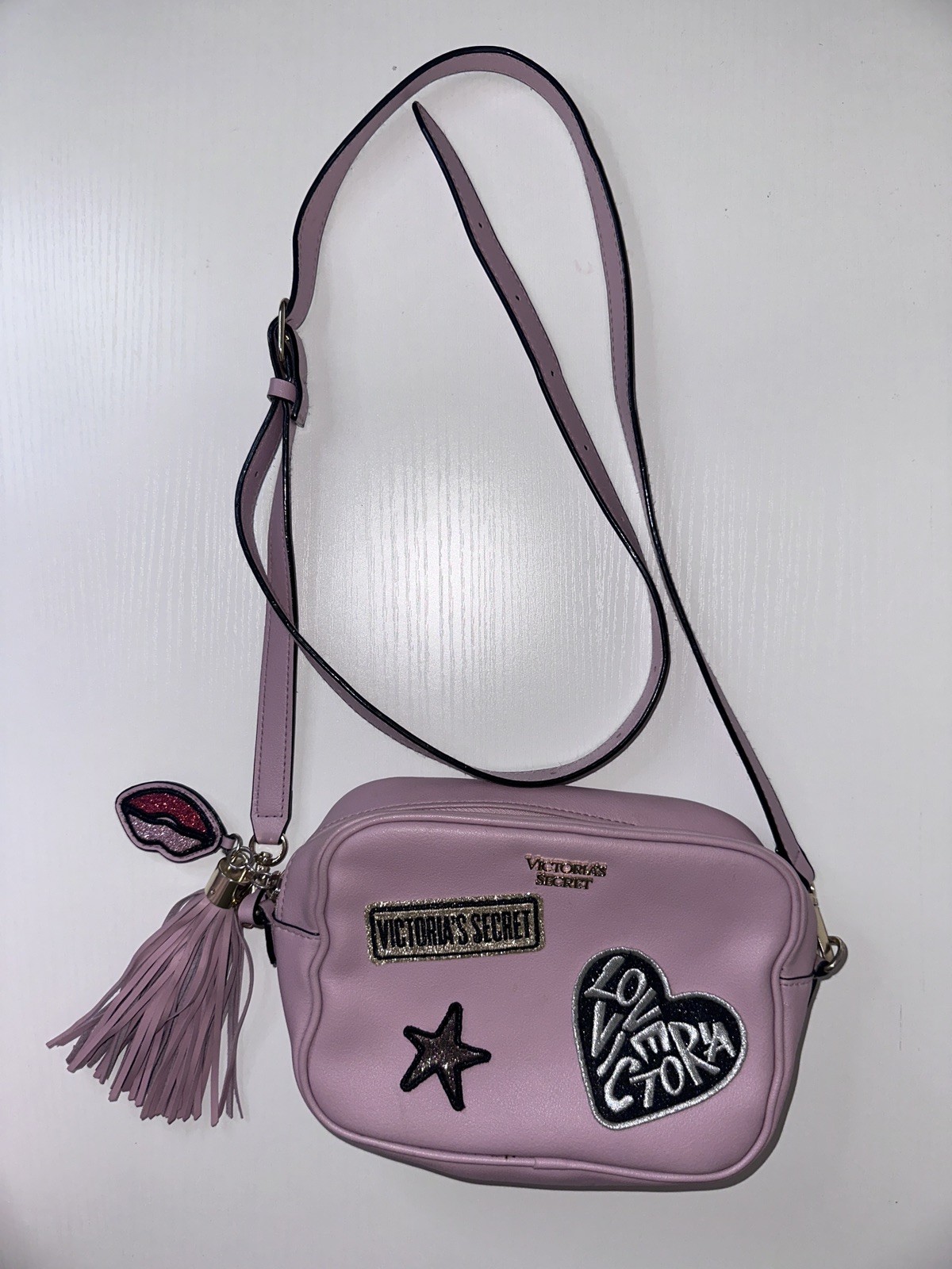 Victoria’s Secret Pink Shoulder Bag with Tassel, Patch & Glitter Accents