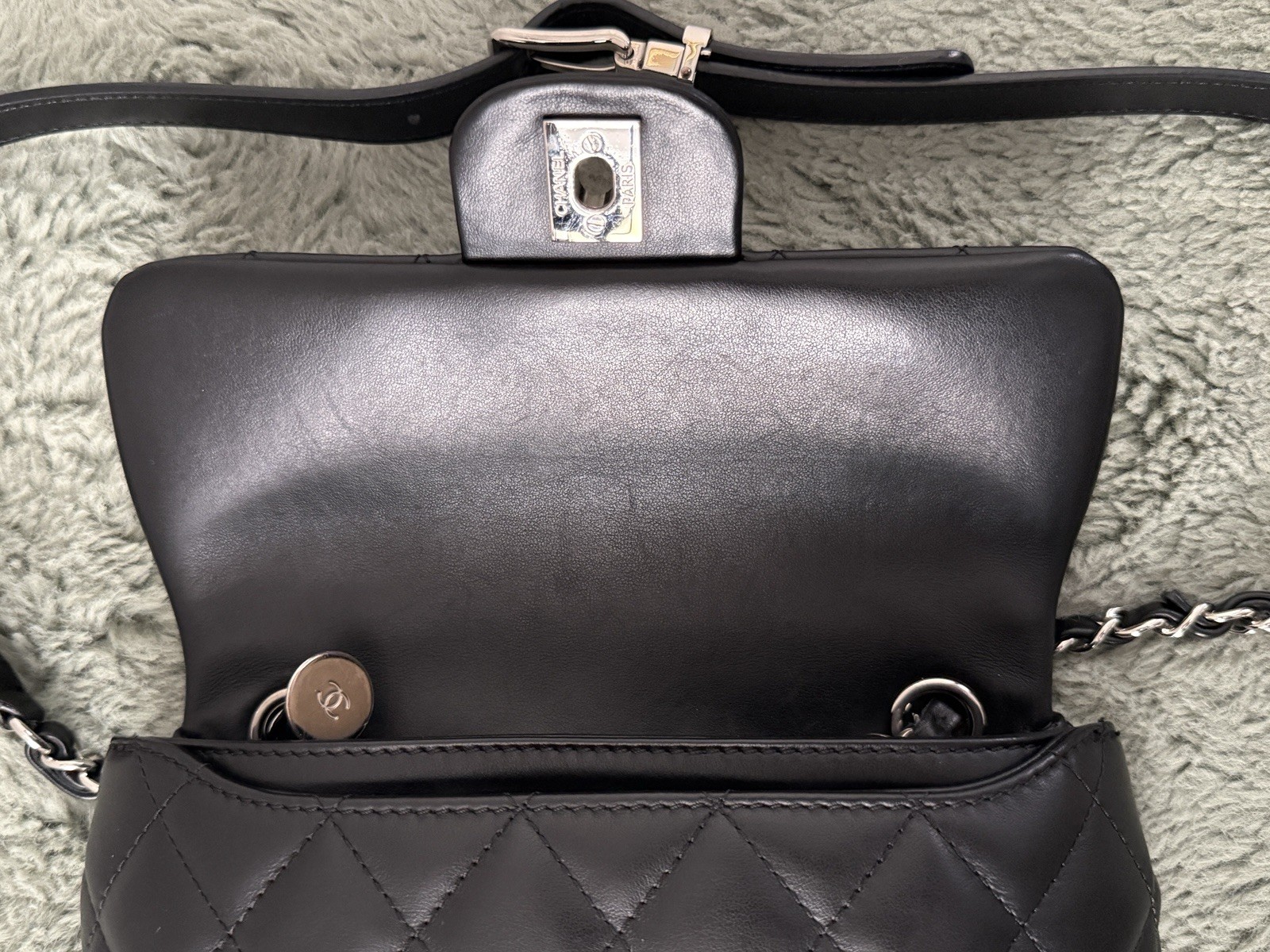 Chanel Belt/Bum Bag Black and Silver Quilted with Chain