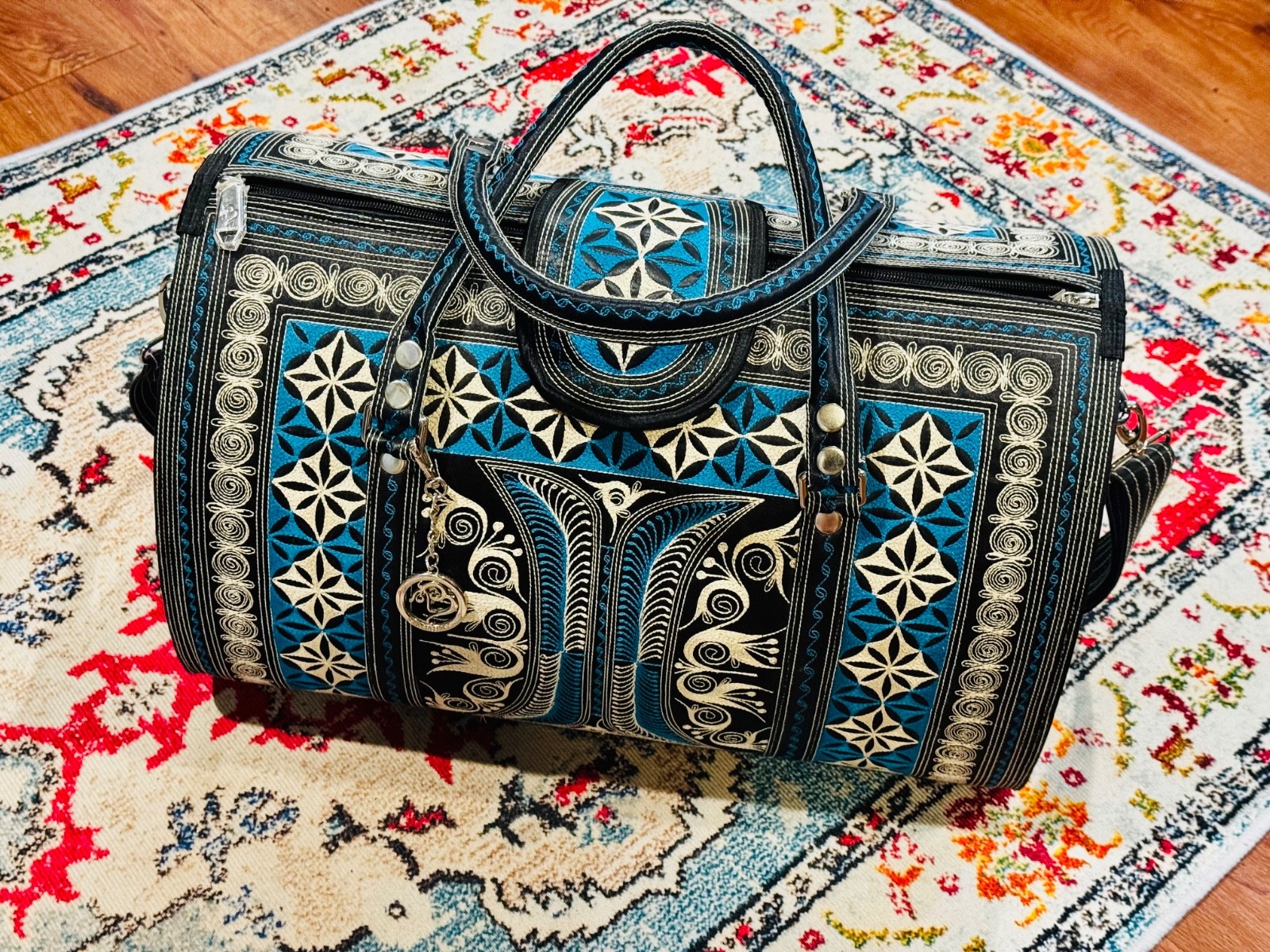 NEW Banda Bags Memetikana Weekender Travel Duffle Bag Embroidered Blue Black
