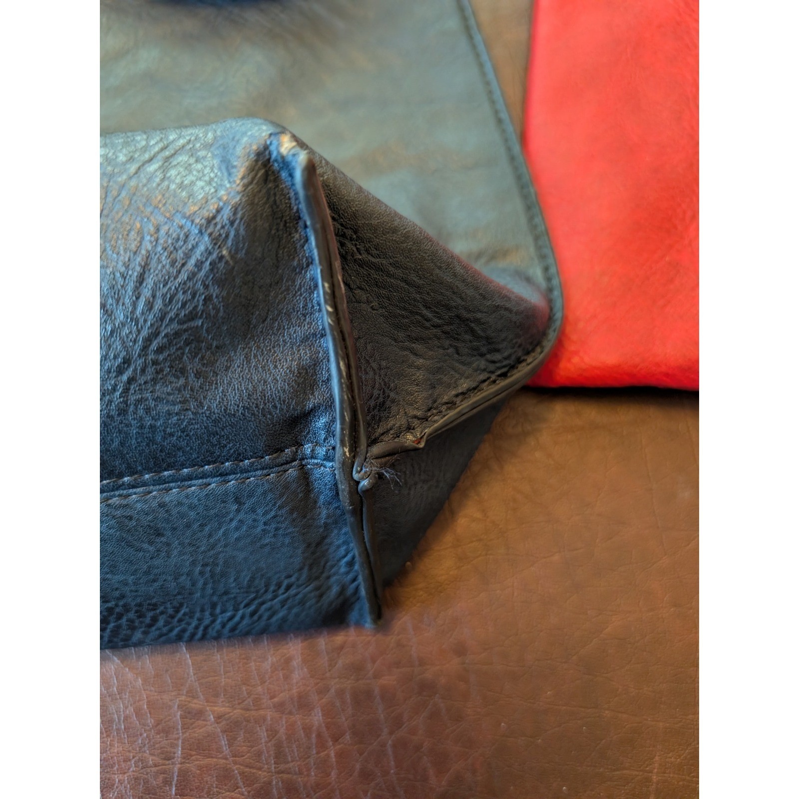 Blue Navy Vegan Leather Reversible Tote Bag Red with Matching Pouch