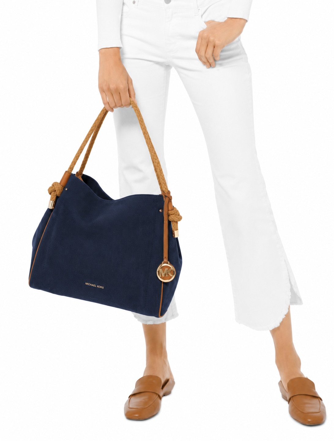 MICHAEL KORS ISLA Canvas Tote NAVY with Rope Handles and MK Charm