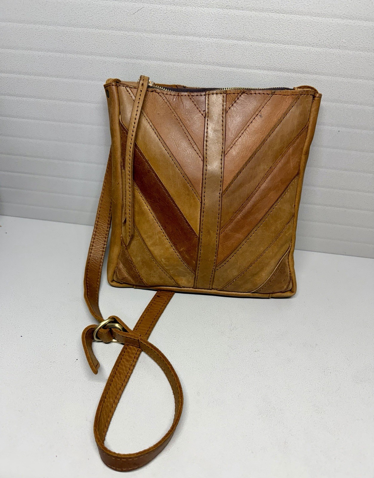 VINTAGE Genuine Leather Tasseled Zip Flat Tan Hippie Crossbody Bag