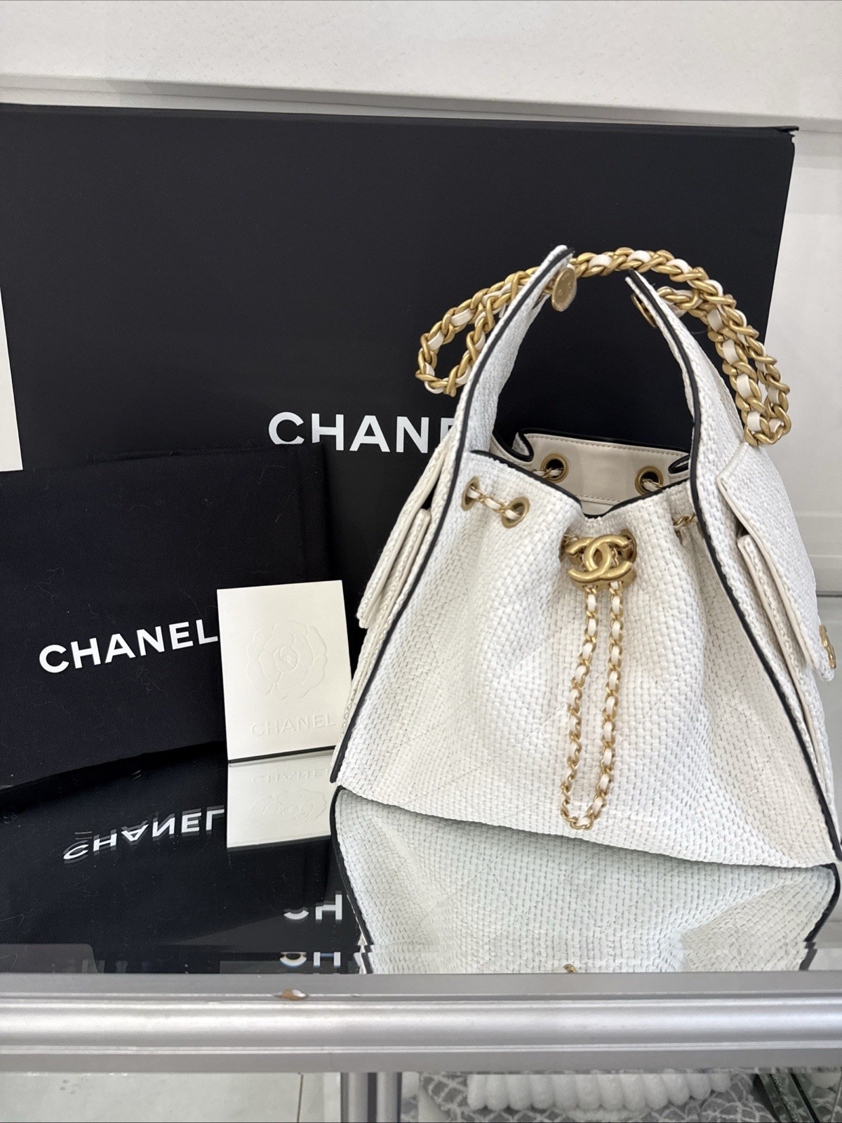 New 26P CHANEL 25 Hobo Tote SMALL Bag White Raffia Black Leather Gold HD RECEIPT