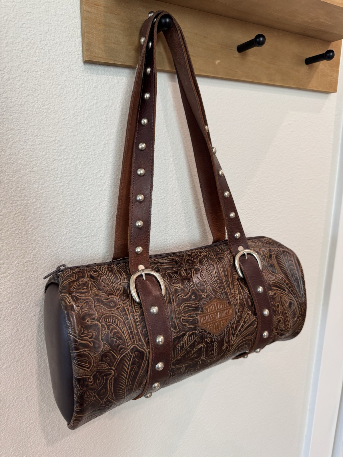 Vintage Harley Davidson Embossed Leather Barrel Bag Studded Shoulder Purse