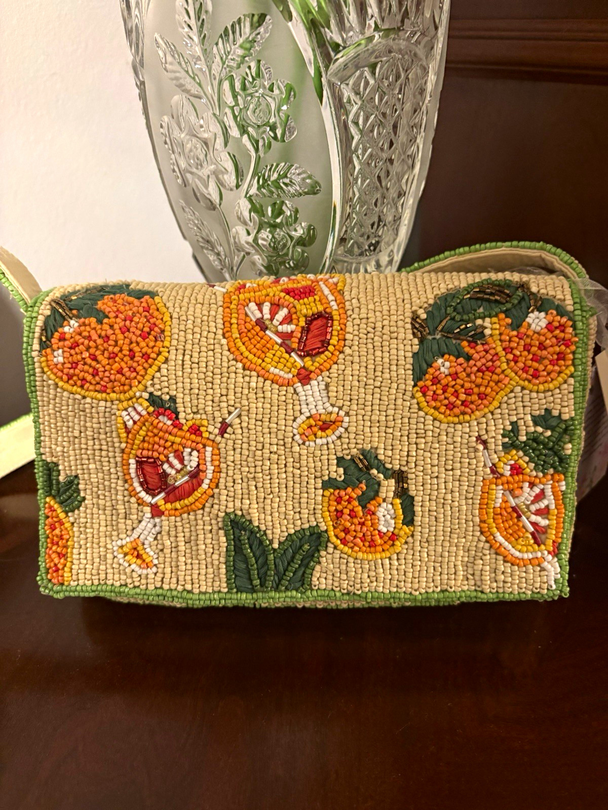 Beaded Citrus Floral Small Women’s Shoulder Bag Detachable Strap Zip Beige