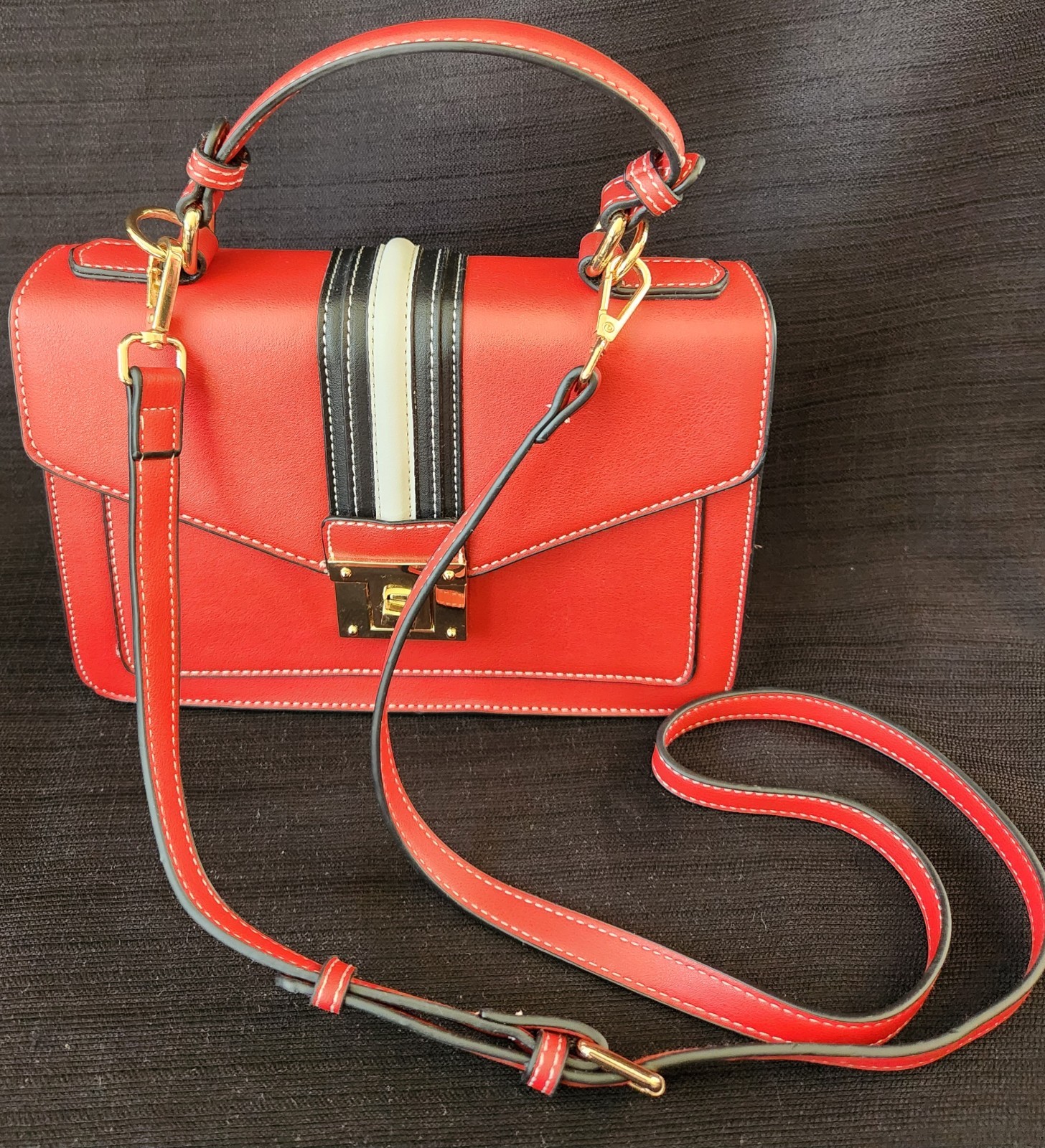 Scarleton Women’s Satchel Handbag Red White Black Flap Crossbody Bag Adj Strap