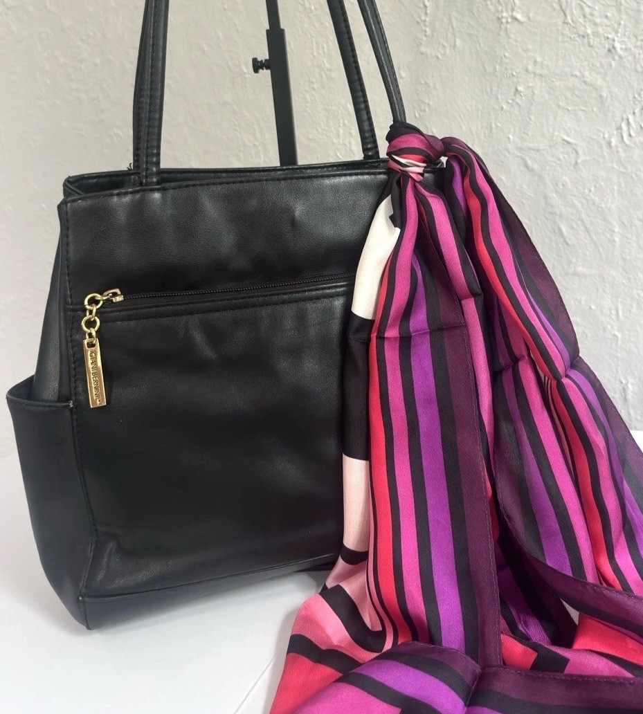 Giani Bernini Black Leather Shoulder Tote Bag + Anne Klein 100% Silk Scarf