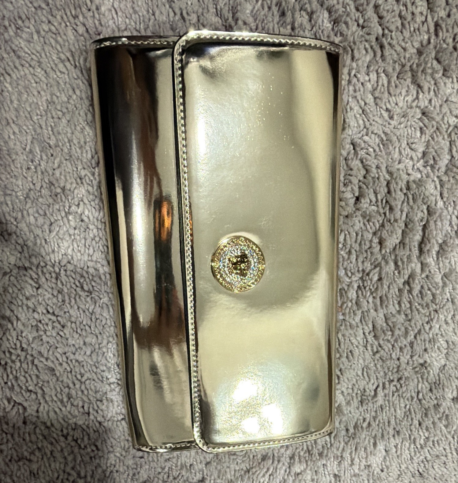 Metallic Gold Clutch Purse w/ Rhinestone Accent, Chain Strap, Magnetic Close