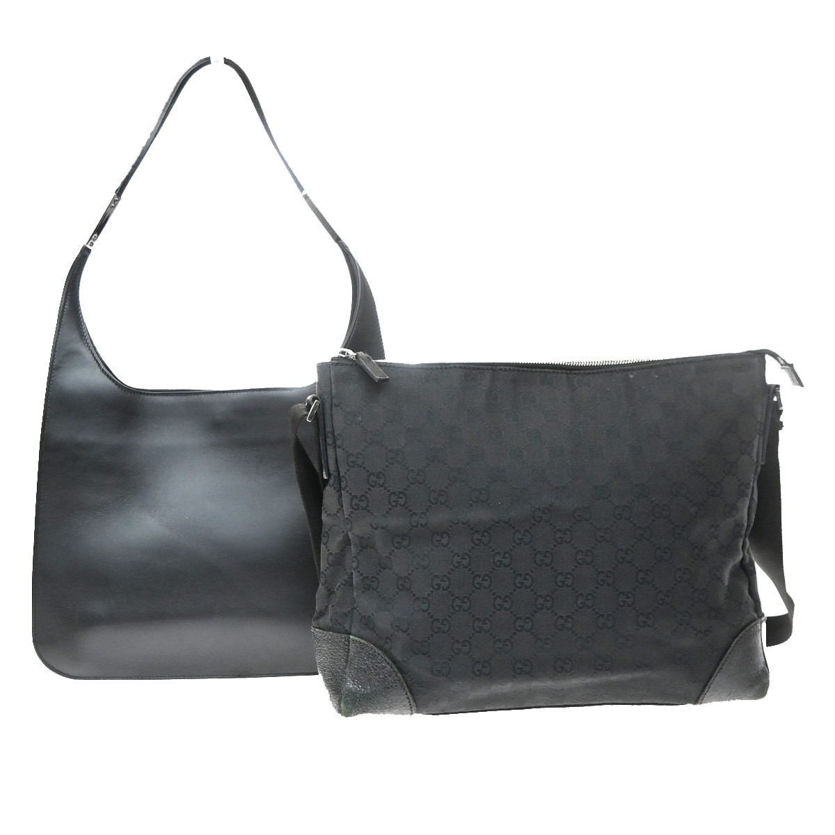 GUCCI Logo GG Pattern 2 Lot Shoulder Bag Canvas Leather Black SHW 67KD325