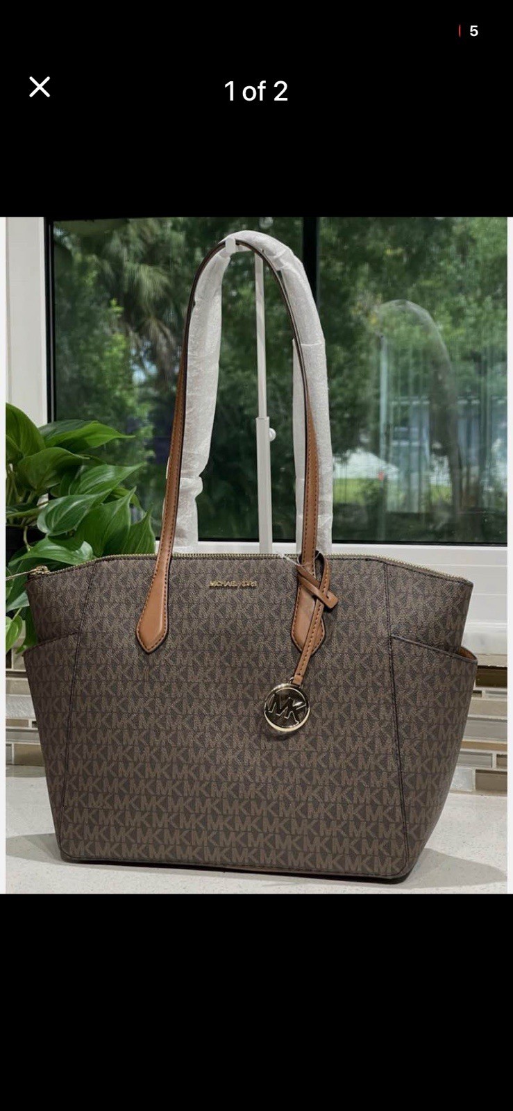 Michael Kors Women’s Brown Monogram Zip Tote Bag Outer Pockets Gold MK Charm
