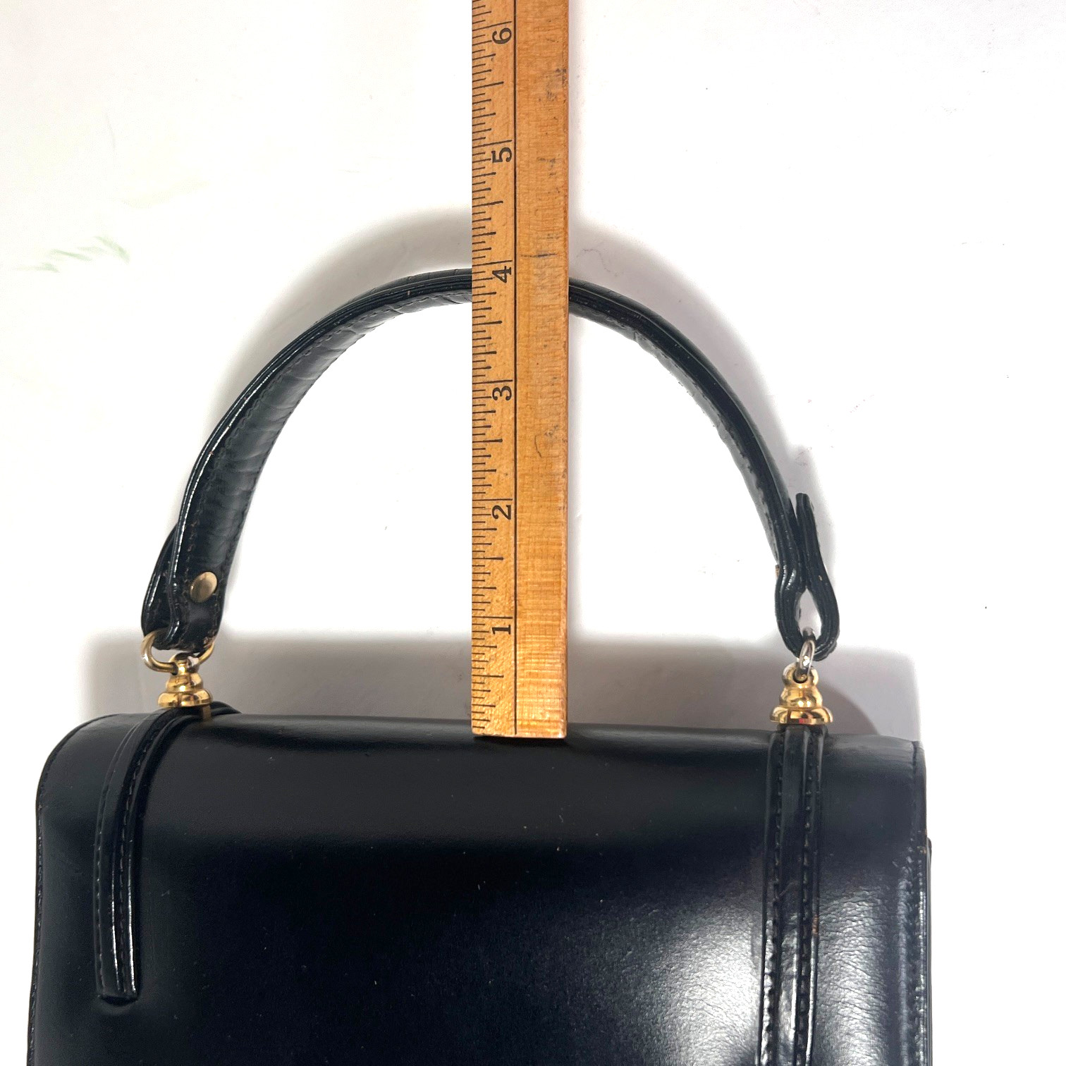 Vtg Tano of Madrid Small Black Leather Handbag Top Handle Flap Turnlock w/Mirror