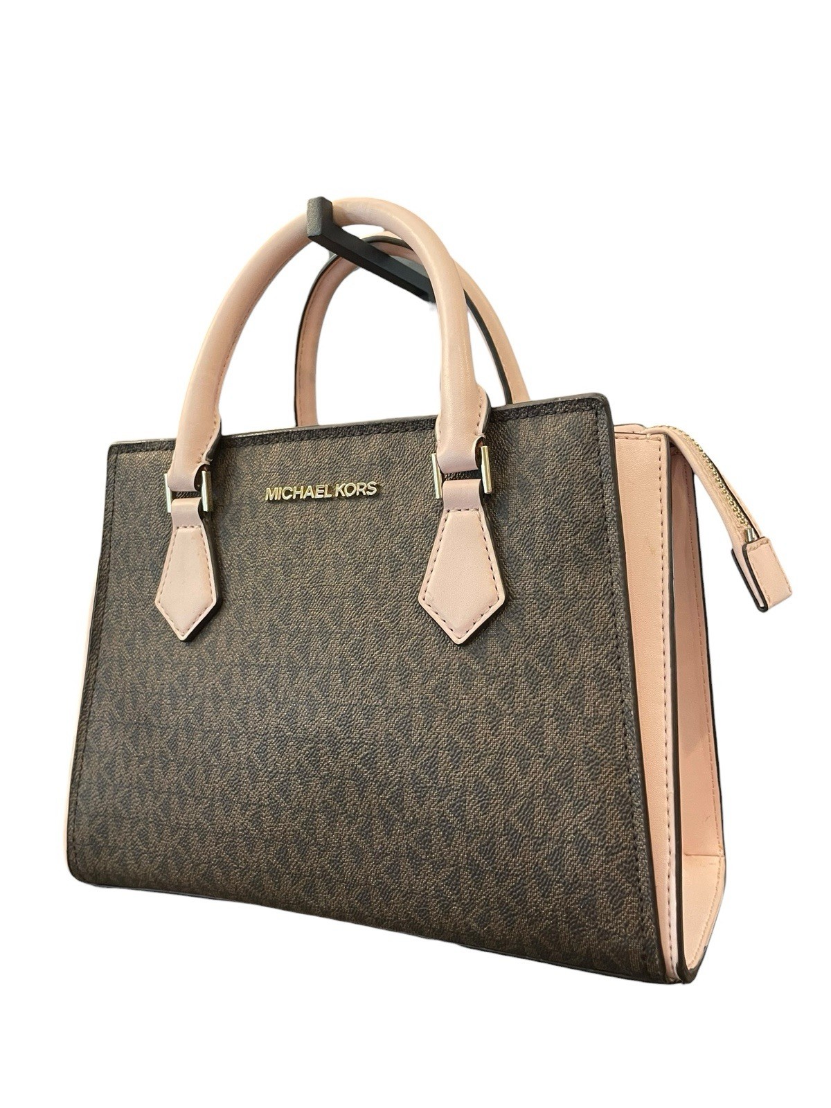 Michael Kors Marilyn Small MK Logo Satchel Purse Bag Brown Blush Pink Designer