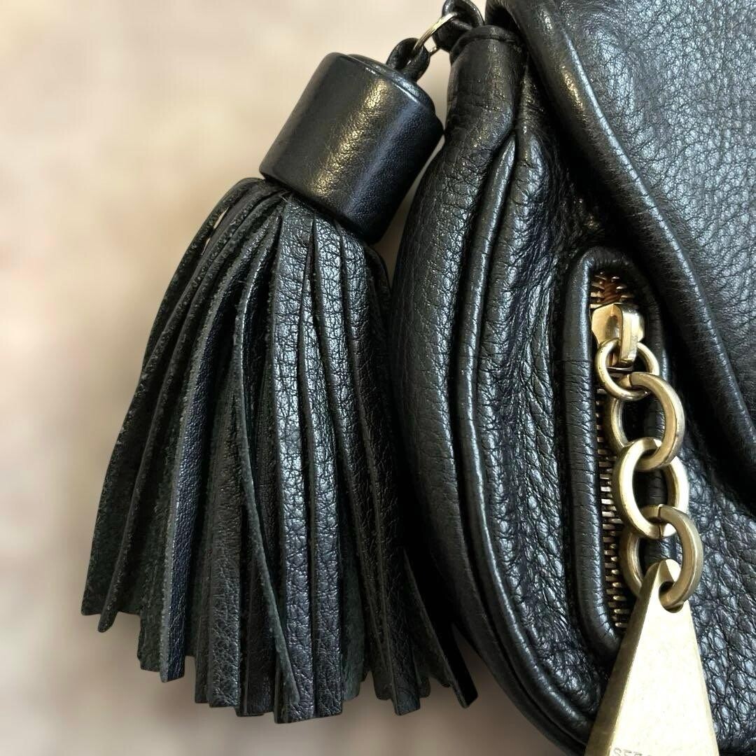 SEE BY CHLOE Black Shoulder Bag Tassel Gold Hardware Adjustable Strap Auth
