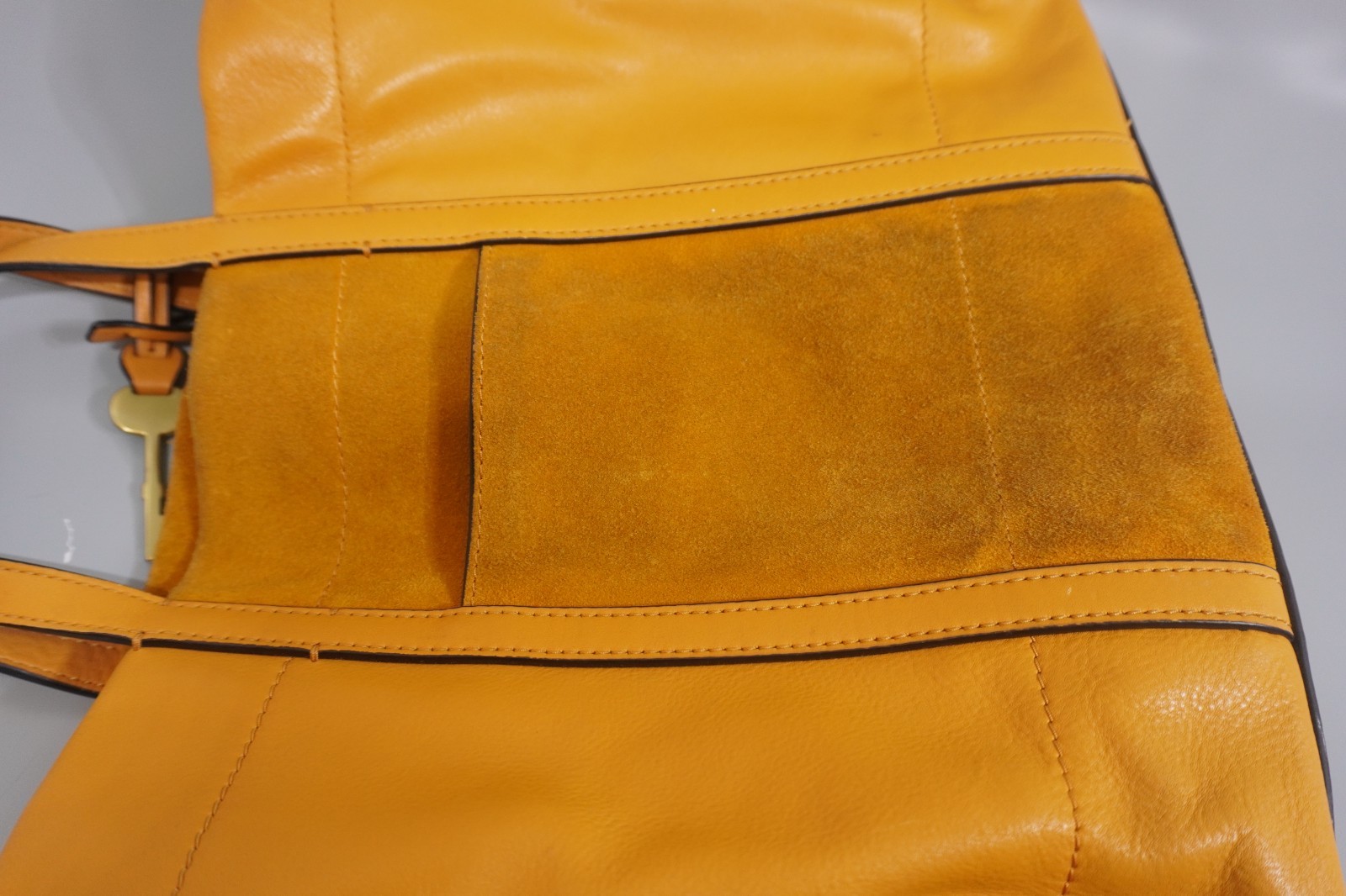 FOSSIL Carmen Shopper Yellow Suede Leather Crossbody Tote Purse Large