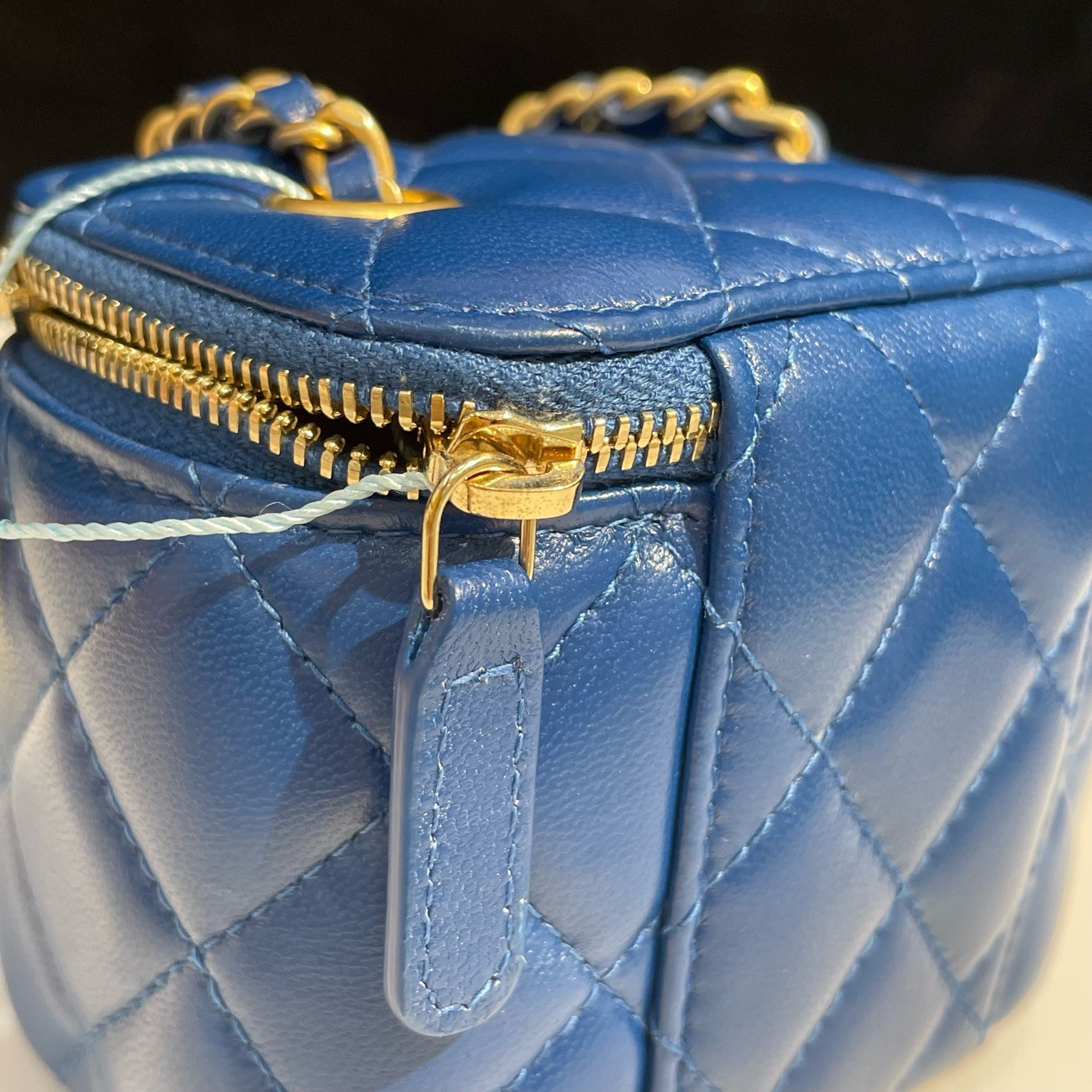 Chanel Vanity Case Quilted Leather Blue Mini Crossbody Bag Gold Ball Chain