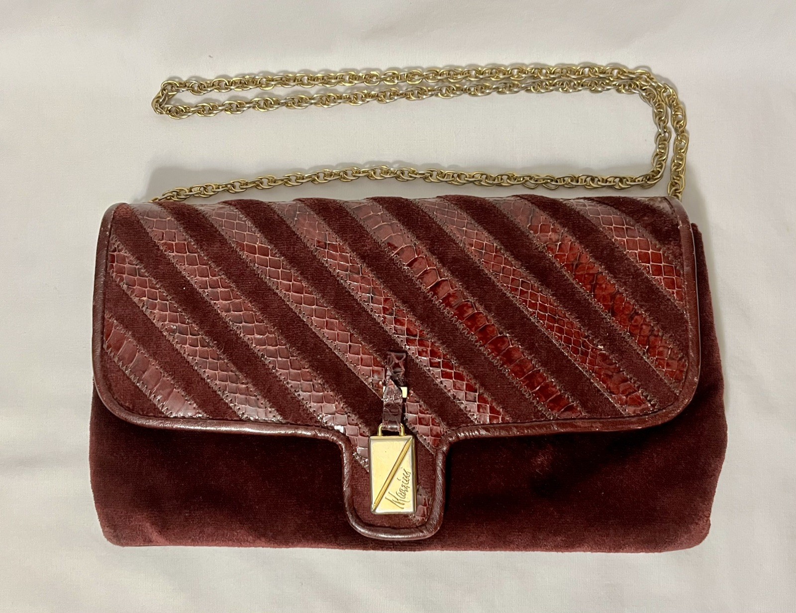 Exotic Italian Snakeskin & Velvet Shoulder Bag & Clutch in Burgundy / Wine
