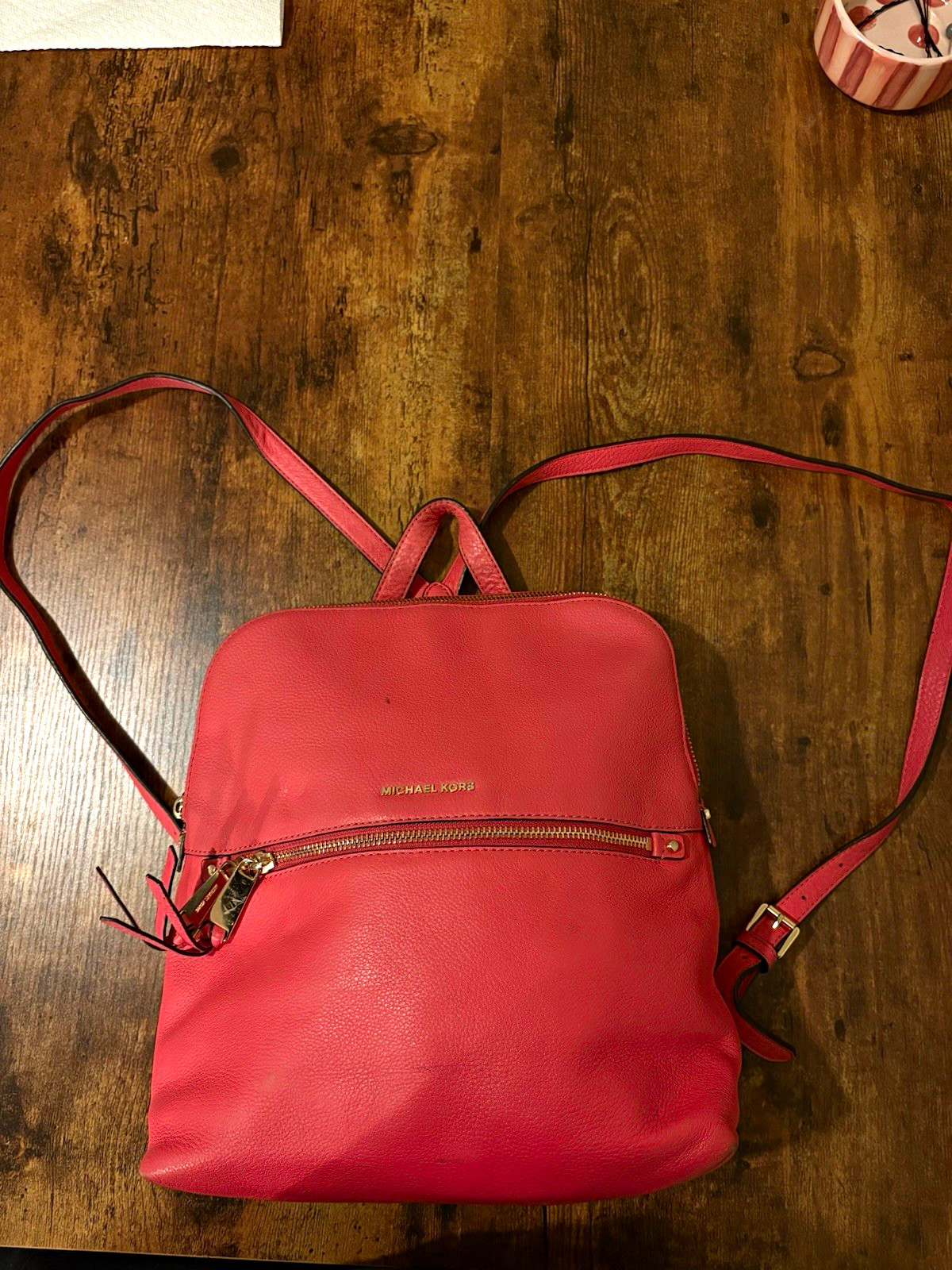 Michael Kors Pink Pebbled Zip Backpack Outer Pockets Logo Gold Hardware