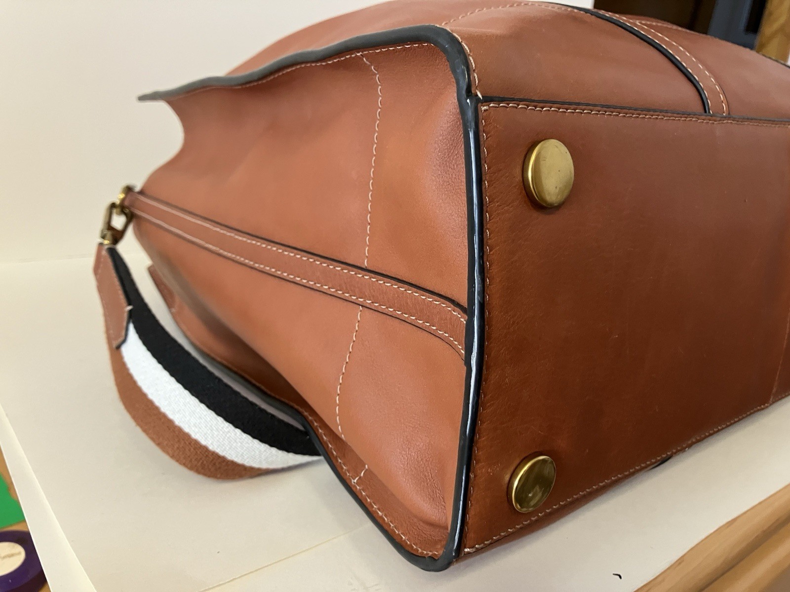 Fossil Carmen Leather Shopper Tote Brown w/ Striped Crossbody Strap 15’’ x 13’’