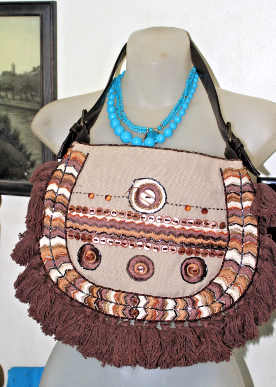 EXPRESS Buttons Beads Embellished Accents Fringes Boho Shoulder Purse