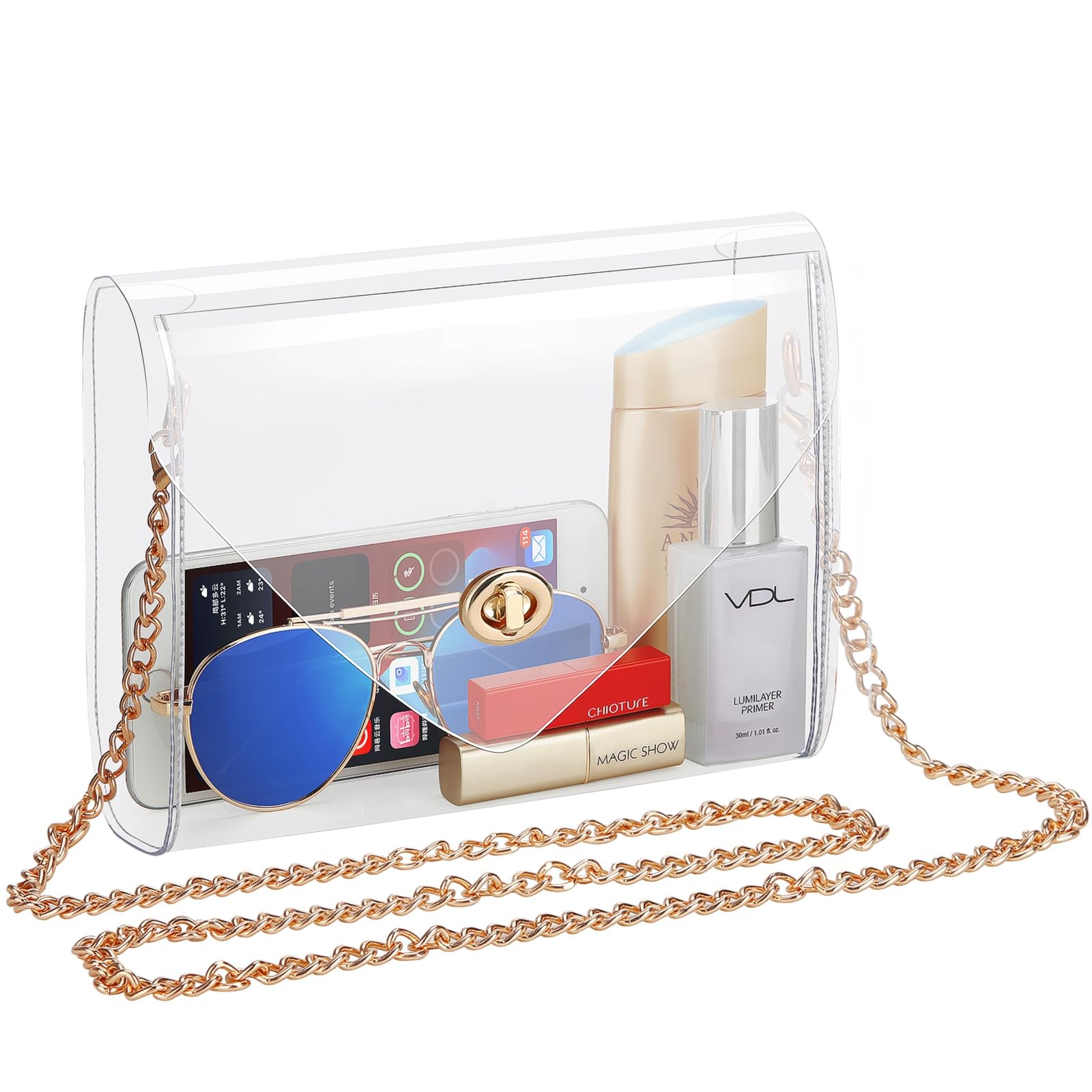 HAOGUAGUA Clear Purse for Women, Bag 8.7 x 6.3 x 2.4 inches, Gold