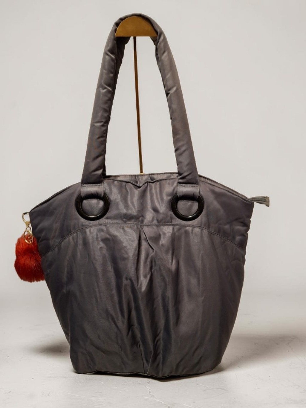 Bath & Body Works Gray Nylon Tote Bag with Handmade Red Pom pom Keychain Charm