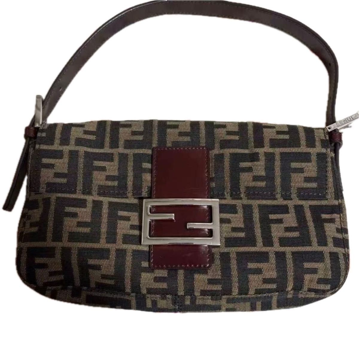 FENDI Zucca Mamma Baguette Shoulder Bag Brown FF Logo Silver Vintage Leather